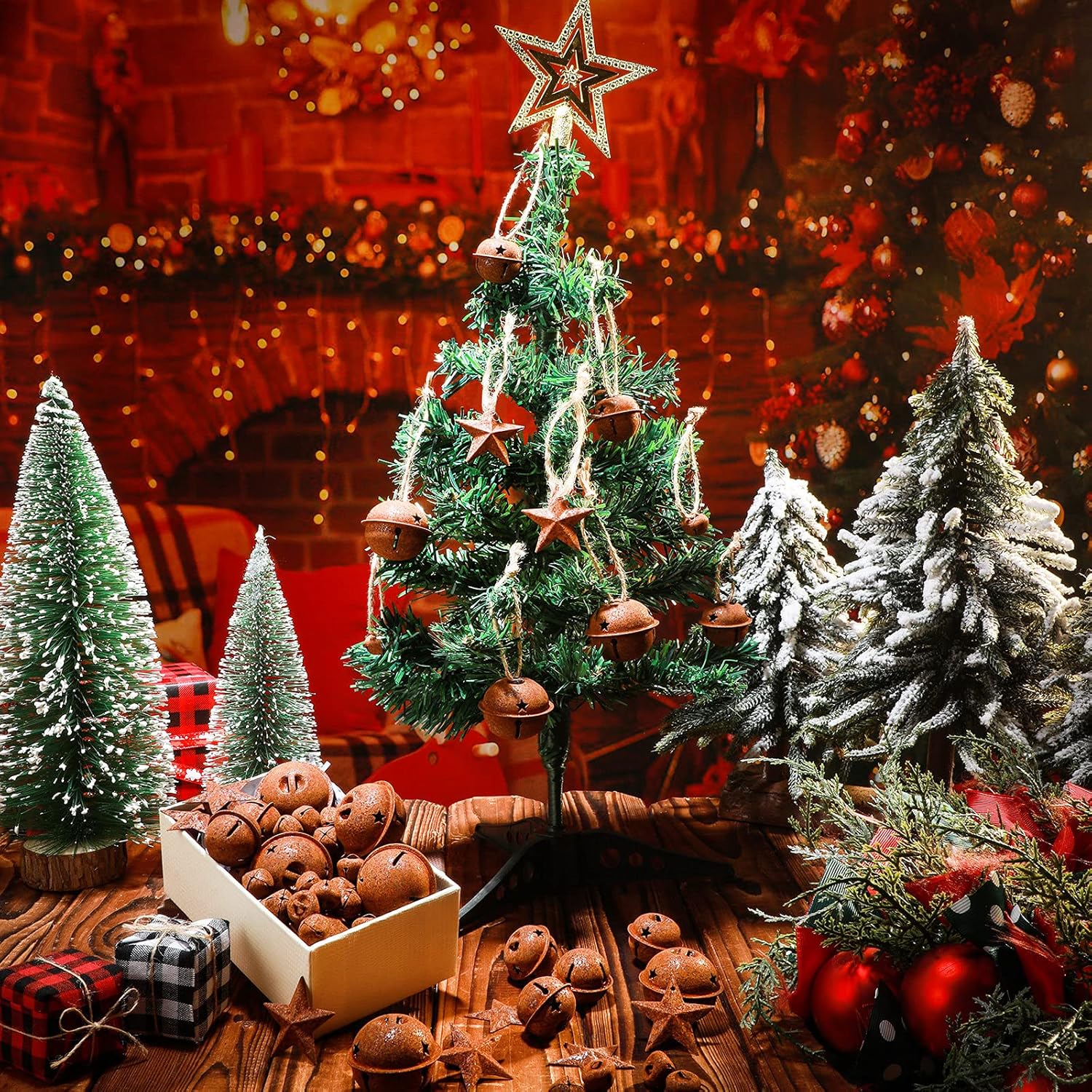 Juego de 140 campanas de Navidad oxidadas, incluye 100 campanas pequeñas rústicas con 20 estrellas y 20 estrellas de metal oxidado, adorno vintage