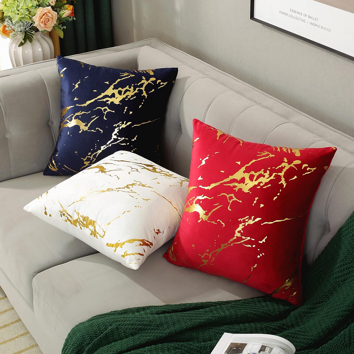 Juego de 2 fundas de cojín suaves de terciopelo con estampado geométrico de mármol y líneas de bronce geométrico para sofá, cama, decoración del