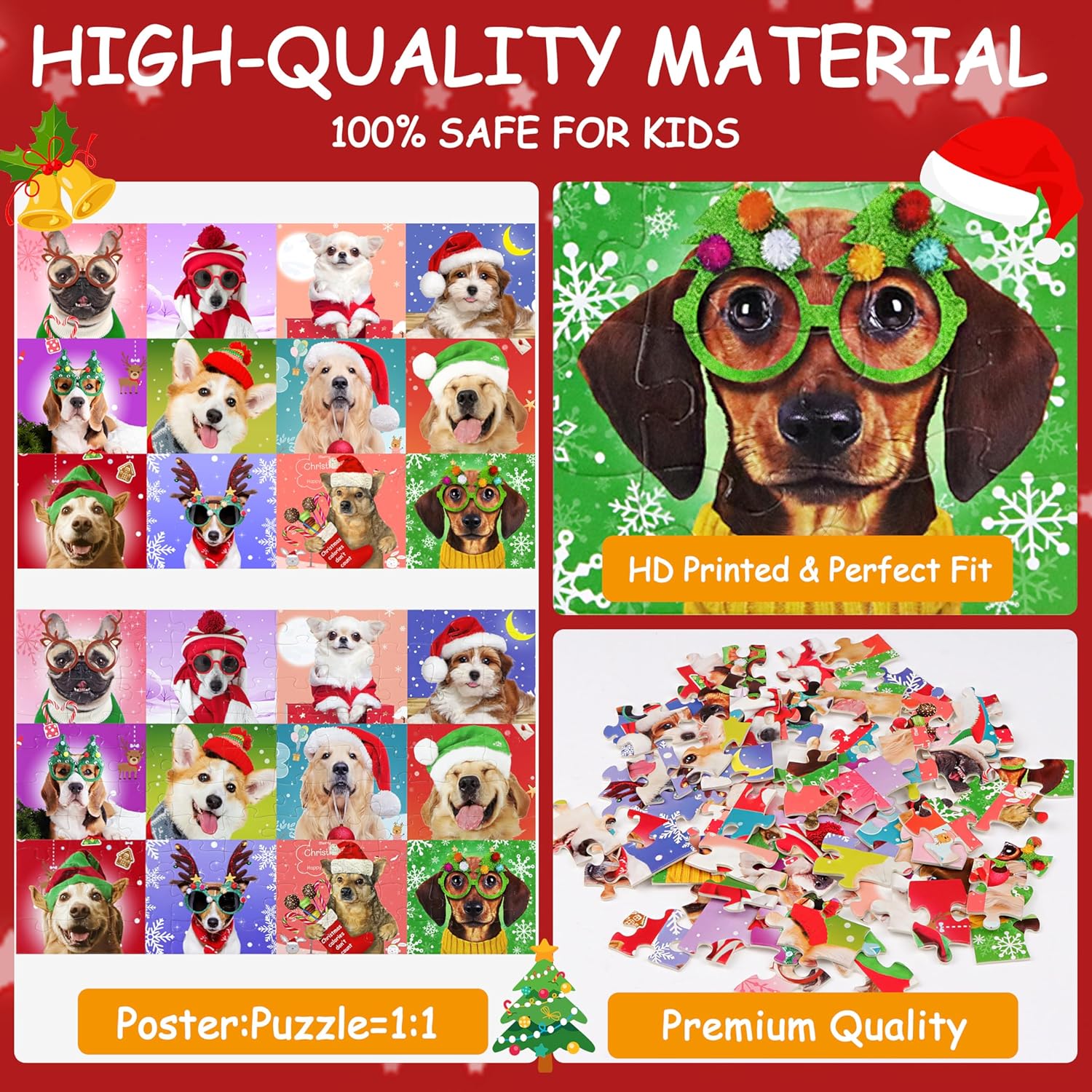 Rompecabezas para niños de 4 a 8 años, 3 a 5, 8 a 10 años, rompecabezas de Navidad de 100 piezas para niños, perros de Navidad, rompecabezas