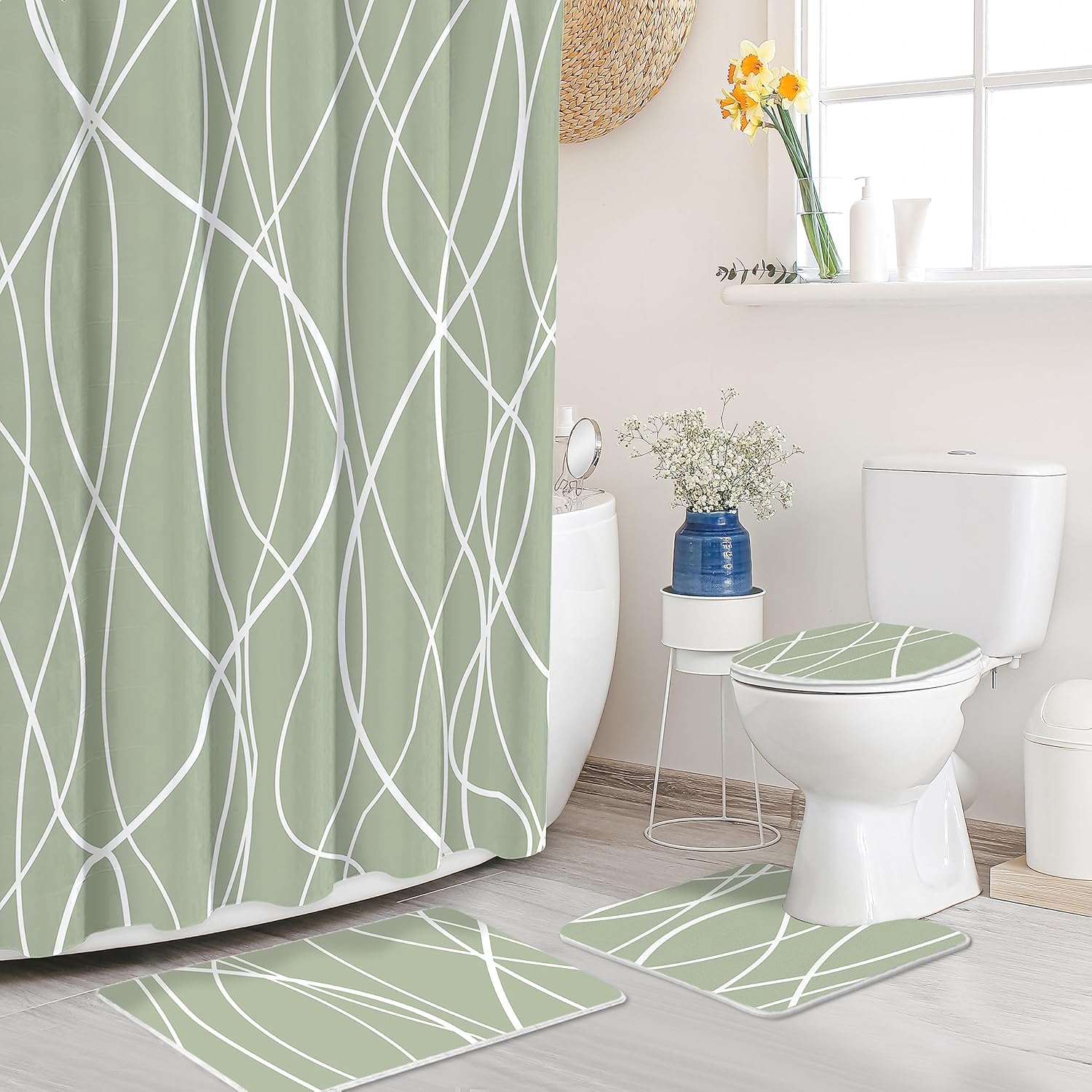 Tititex Juego de 4 cortinas de ducha de líneas curvas abstractas de color blanco salvia, con alfombras antideslizantes, cubierta para tapa de