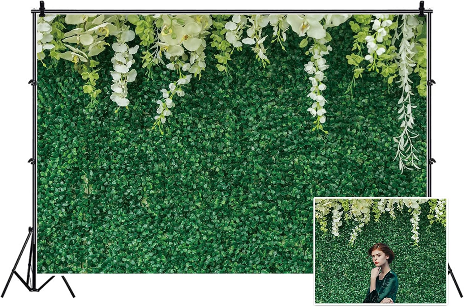 Yeele Telón de fondo de pared de césped verde de 8 x 6 pies, flores blancas, hojas verdes, fondo de fotografía al aire libre, decoración de fiesta