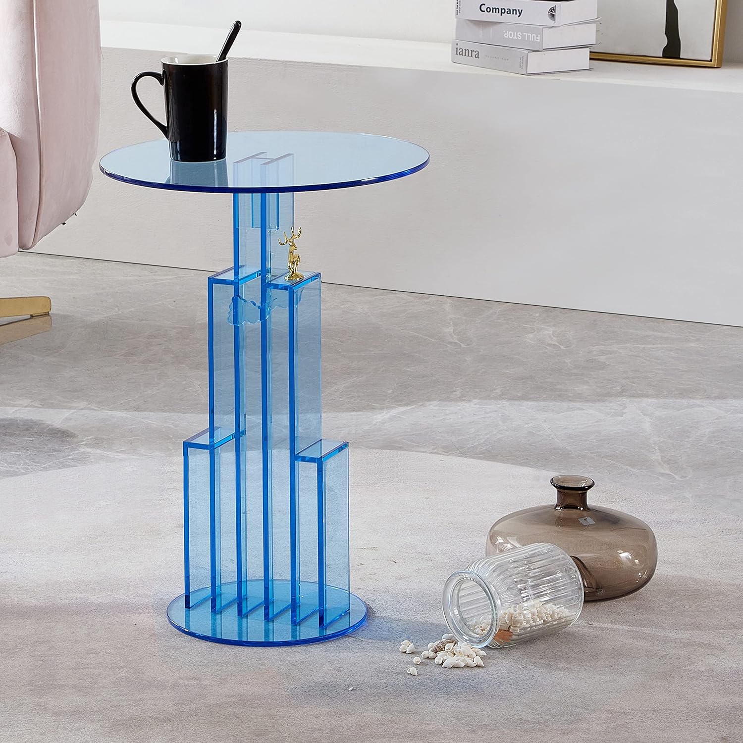 Mesa auxiliar de acrílico de color azul,Muebles de mesa de pedstal,Mesa de muebles de color azul claro,Mesa de moda moderna