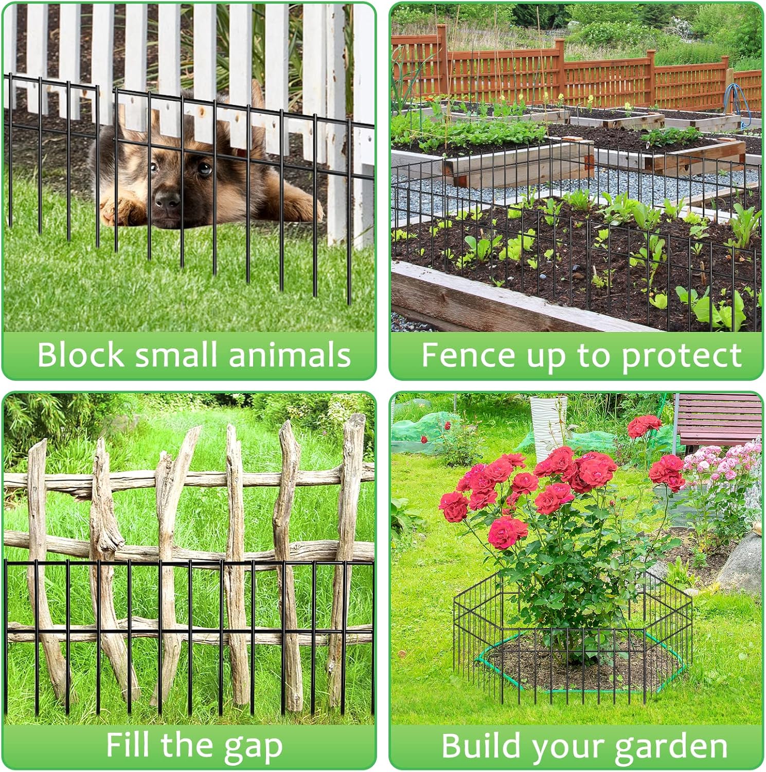 Paquete de 4 vallas de barrera de animales de 20 pulgadas de largo x 10 pulgadas de alto, cercado de jardín decorativo subterráneo con espacio de