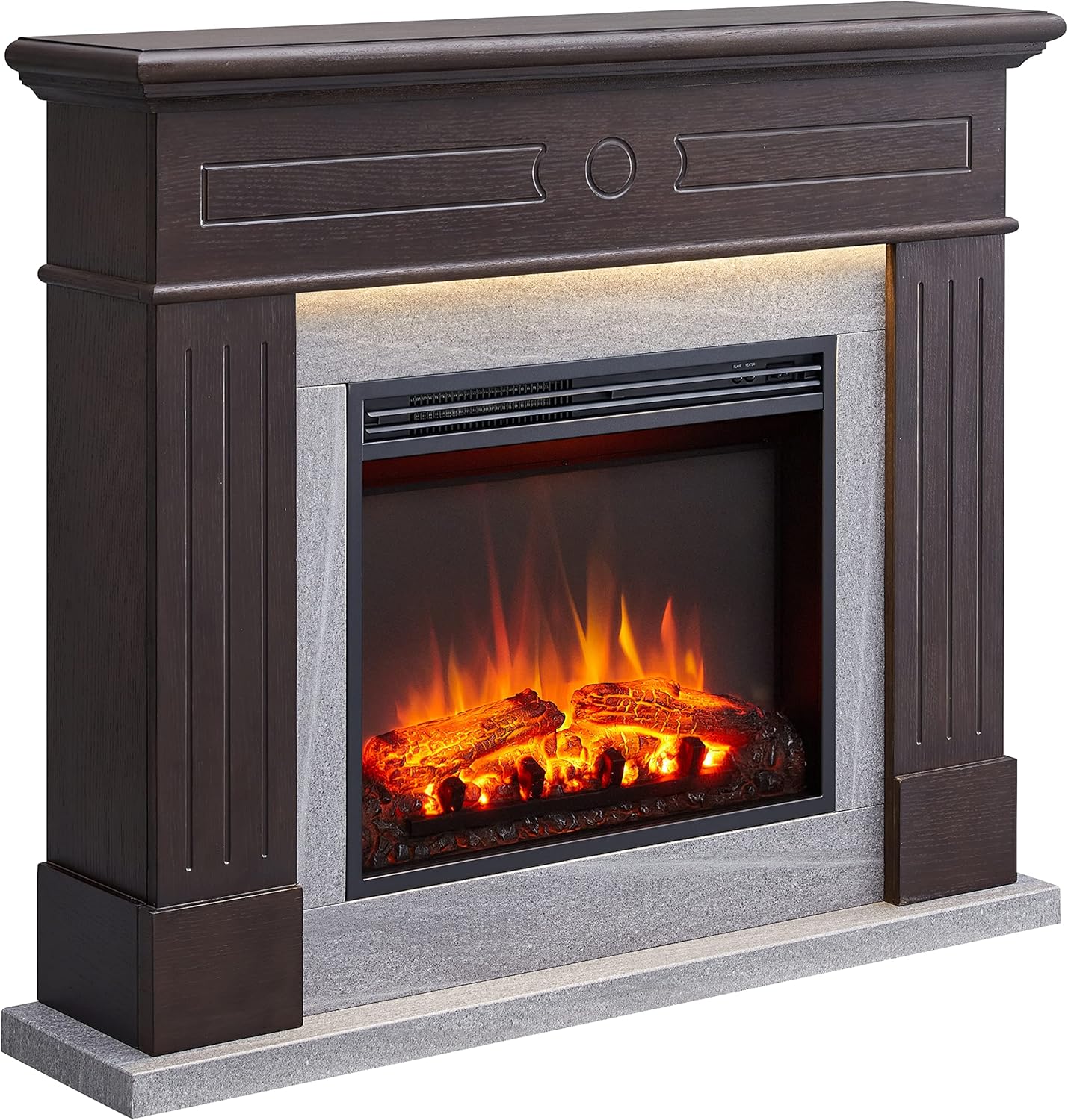 LegendFlame Suite Chimenea Alton, mantel envolvente de 43 pulgadas, roble espresso con acabado de mármol gris claro, con inserto de chimenea