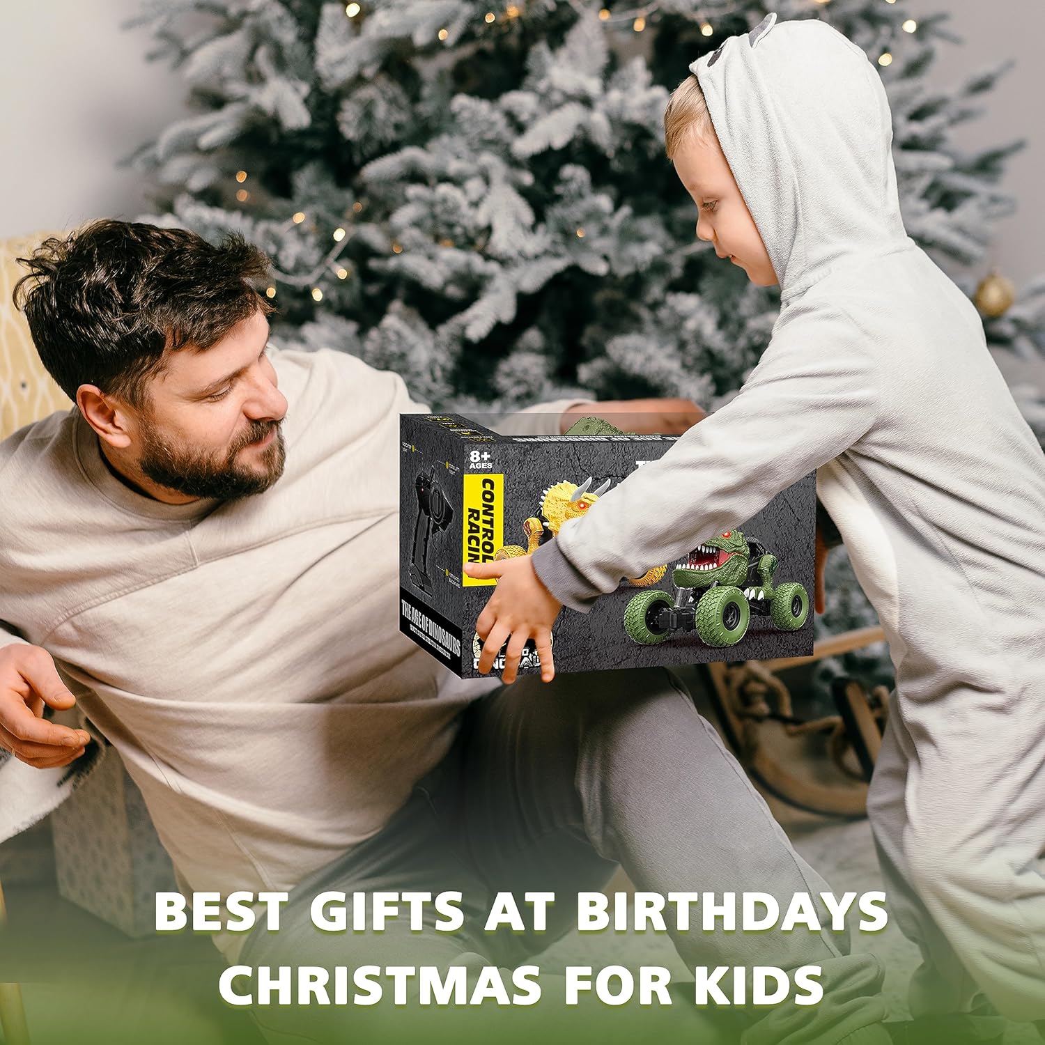 Auto de dinosaurio a control remoto para niños y niños, camión de dinosaurio de control remoto todo terreno de 2.4Ghz con luz, recargable 4WD