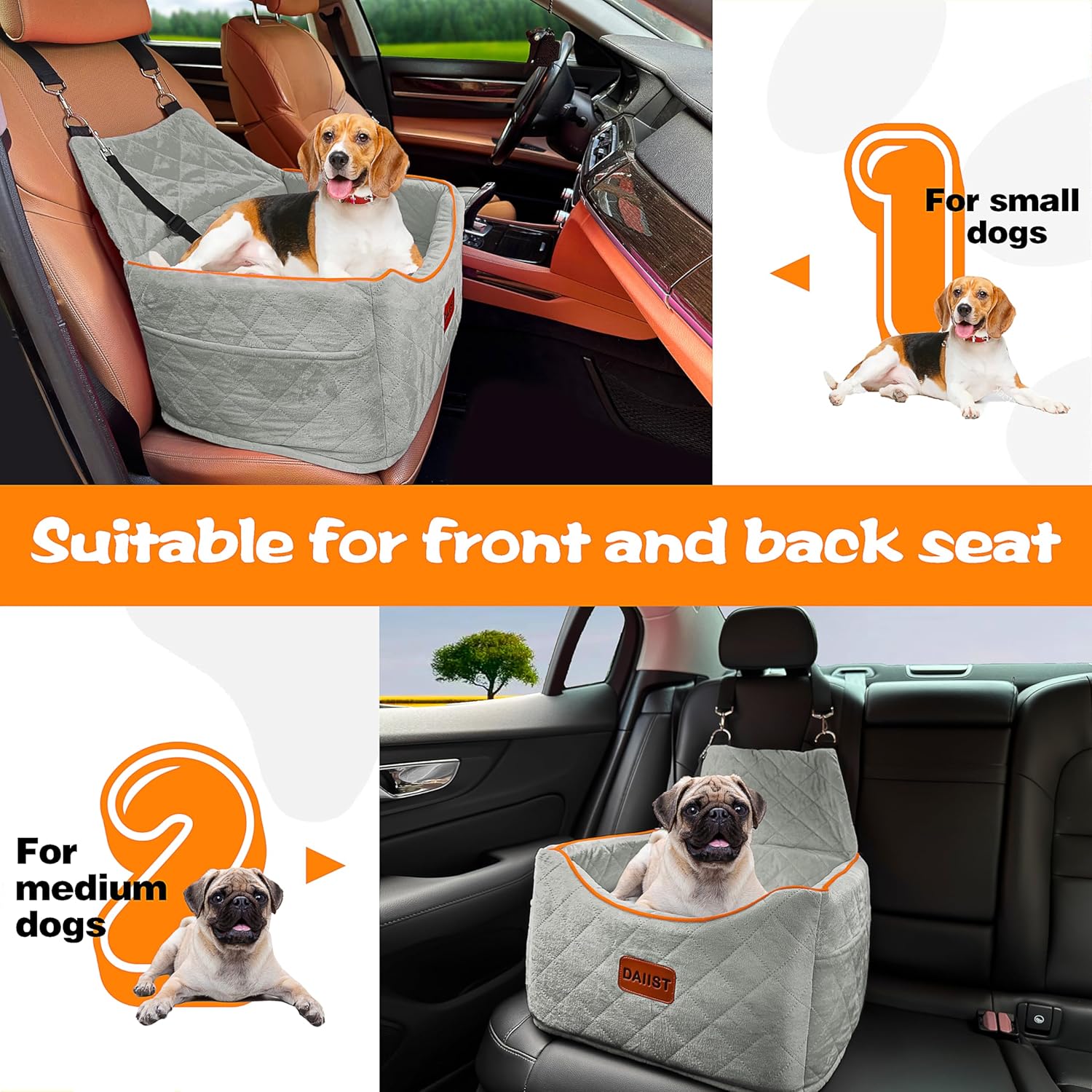 DAIIST Asiento de automóvil para perros pequeños, asiento elevador de espuma viscoelástica para perros, antideslizante y lavable, asiento elevado