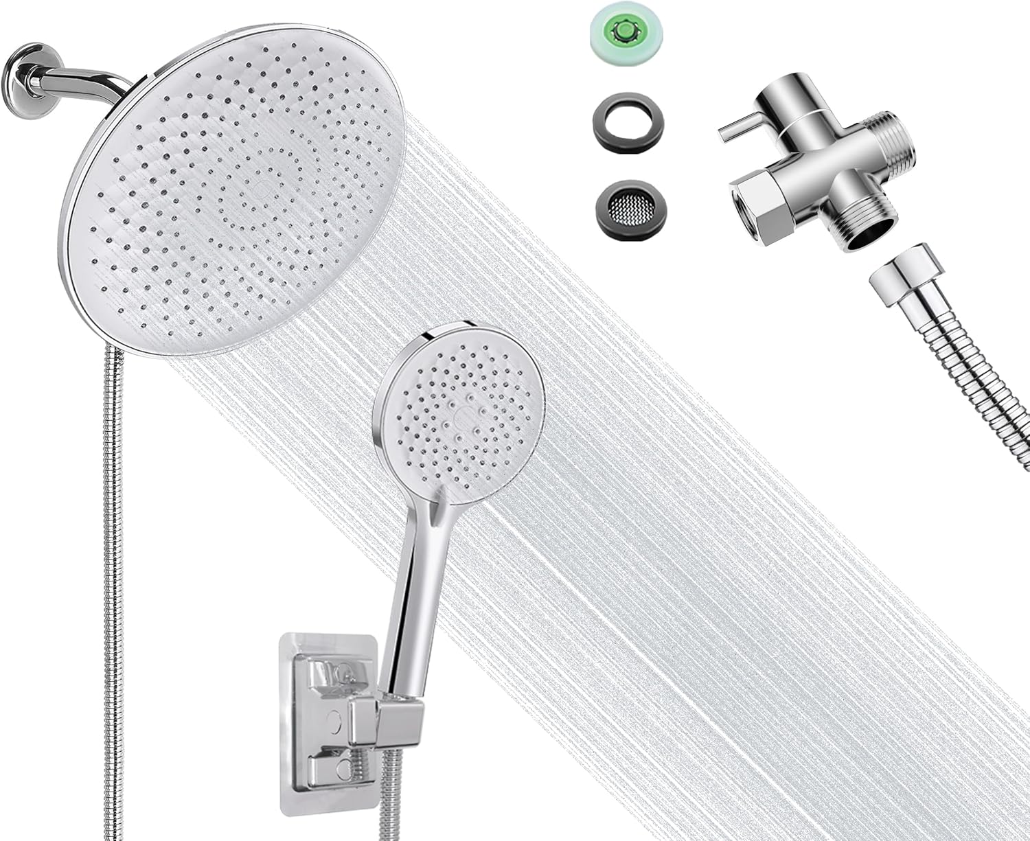 Cabezal de ducha de lluvia con rociador de mano, cabezal de ducha negro mate de 9.8 pulgadas con manguera, desviador de agua de 3 vías, cabezales de