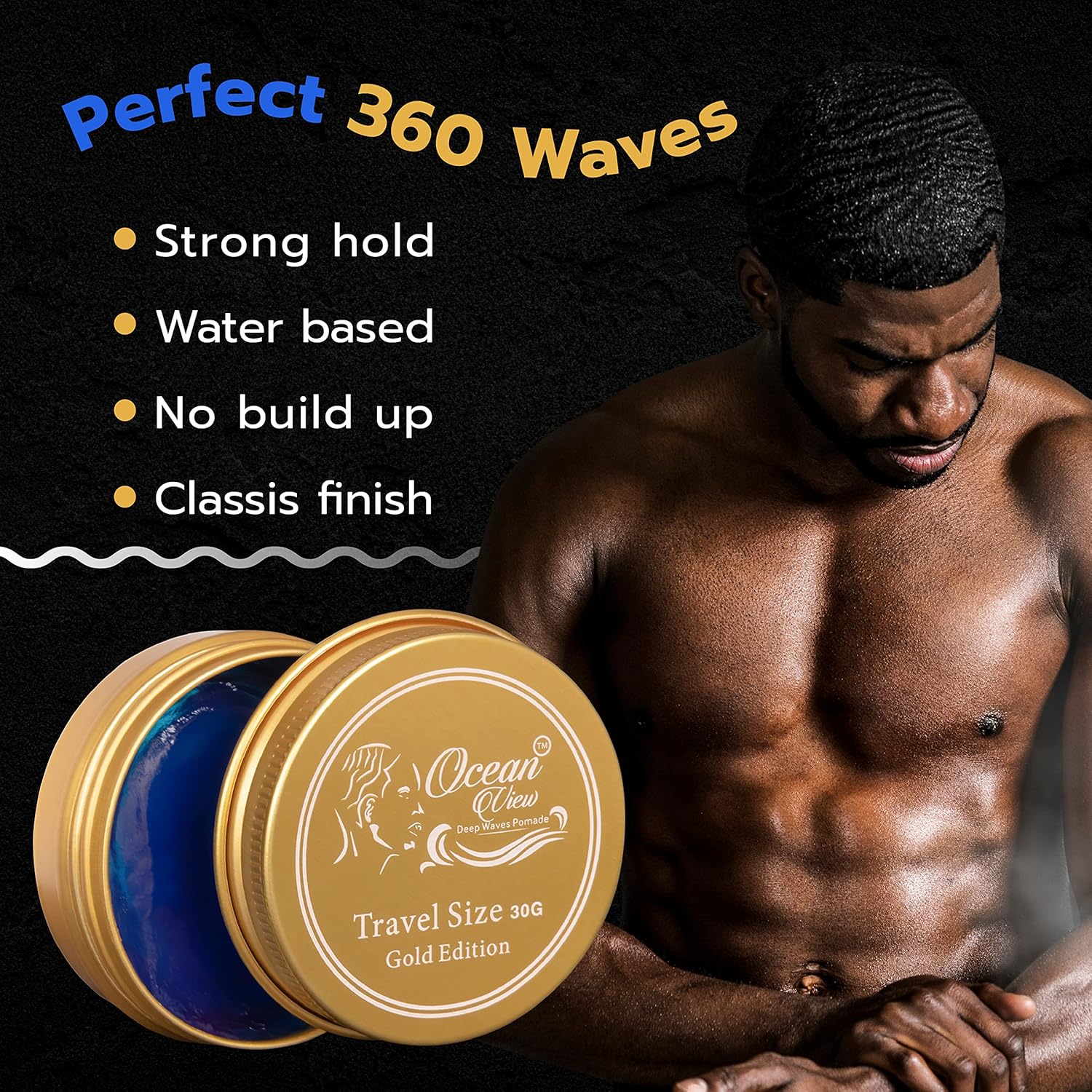 OCEAN VIEW DEEP WAVES POMADE, Gold Edition 360 Wave Grease para hombres hidrata, controla y estiliza el cabello negro  Pomada constructora de olas a
