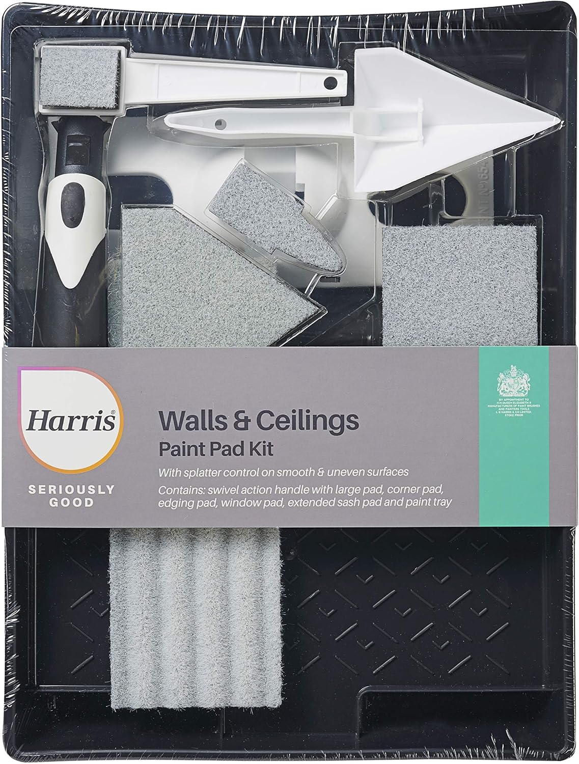 Harris Seriously Good – Juego de almohadillas de pintura para paredes y techos, mango, ventana de esquina grande, almohadilla de banda extendida y