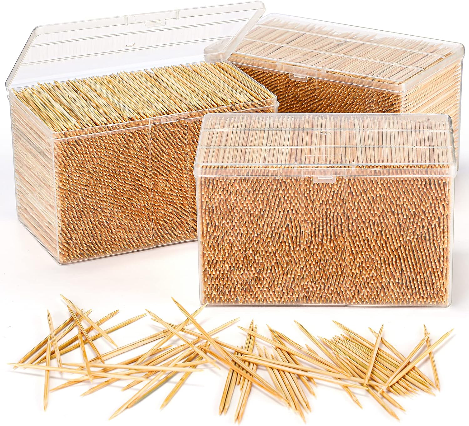 Jerify 12000 palillos de madera de bambú redondos de doble cara con caja de almacenamiento de plástico transparente para aperitivos, parrilladas de