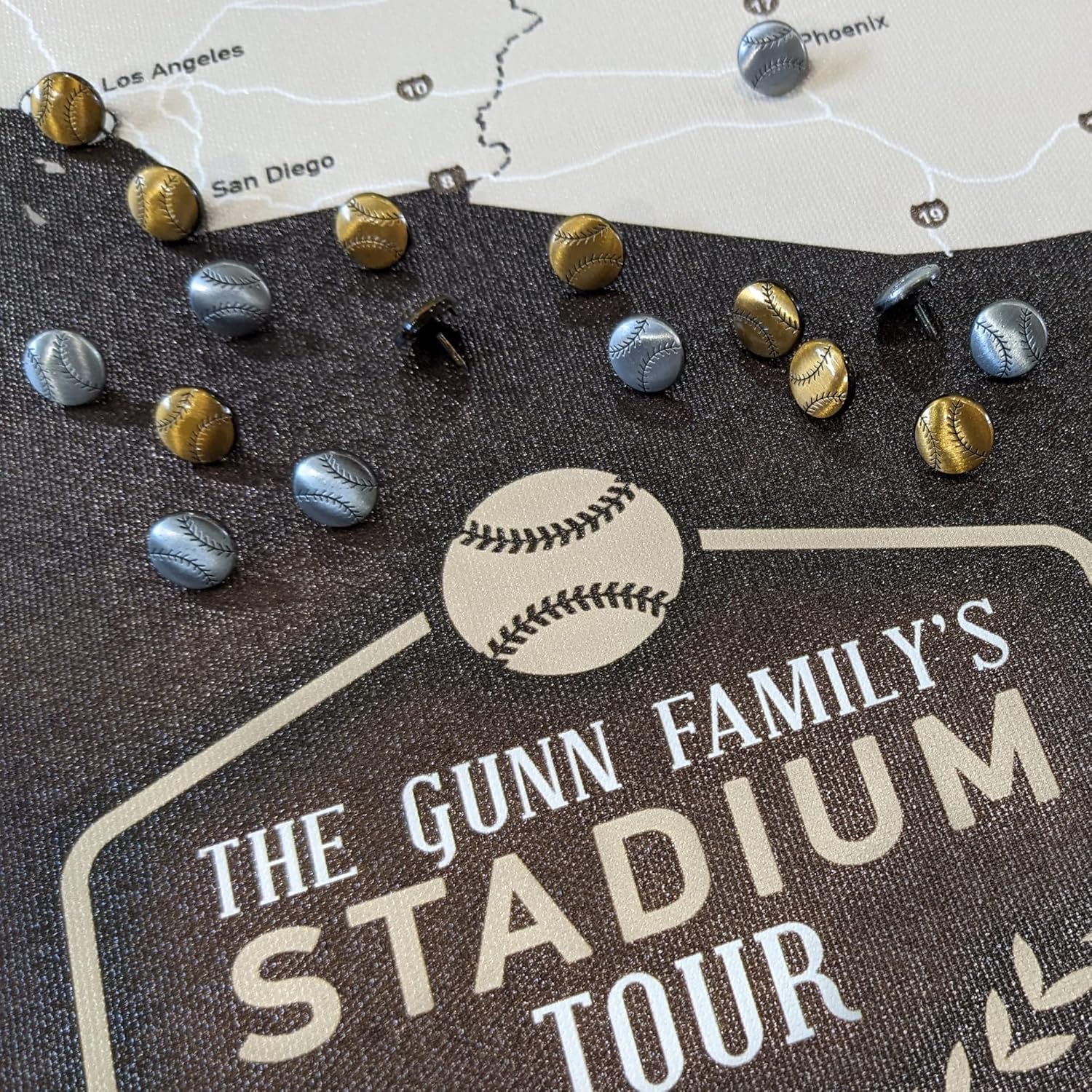 Holy Cow Canvas Personalized Canvas Baseball Stadium Map Tracker with Pins Includes Push Pins, Baseball Parks Bucket List, Customized Baseball Gift