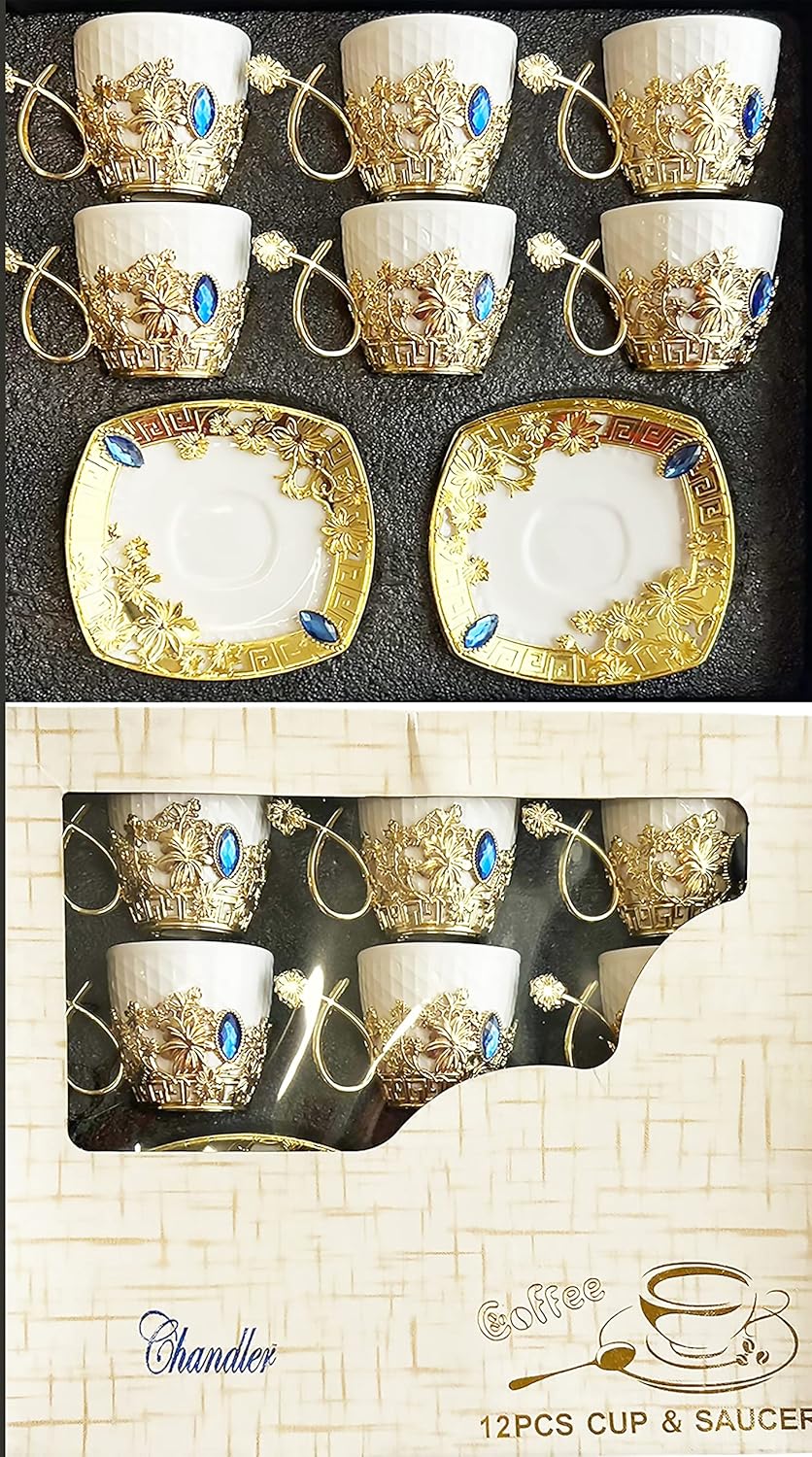 Chandler Juego de café turco expreso, taza de café griego árabe y platillo de 3 onzas líquidas con caja de regalo acrílica dorada, colección de 7