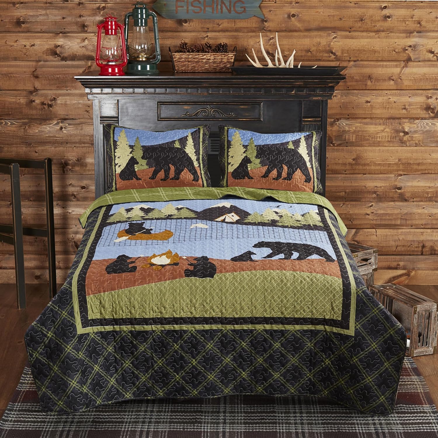 Virah Bella Juego de ropa de cama King Lodge de 3 piezas, Bear Lake, juego de edredón reversible de campamento con fundas de almohada decorativas,