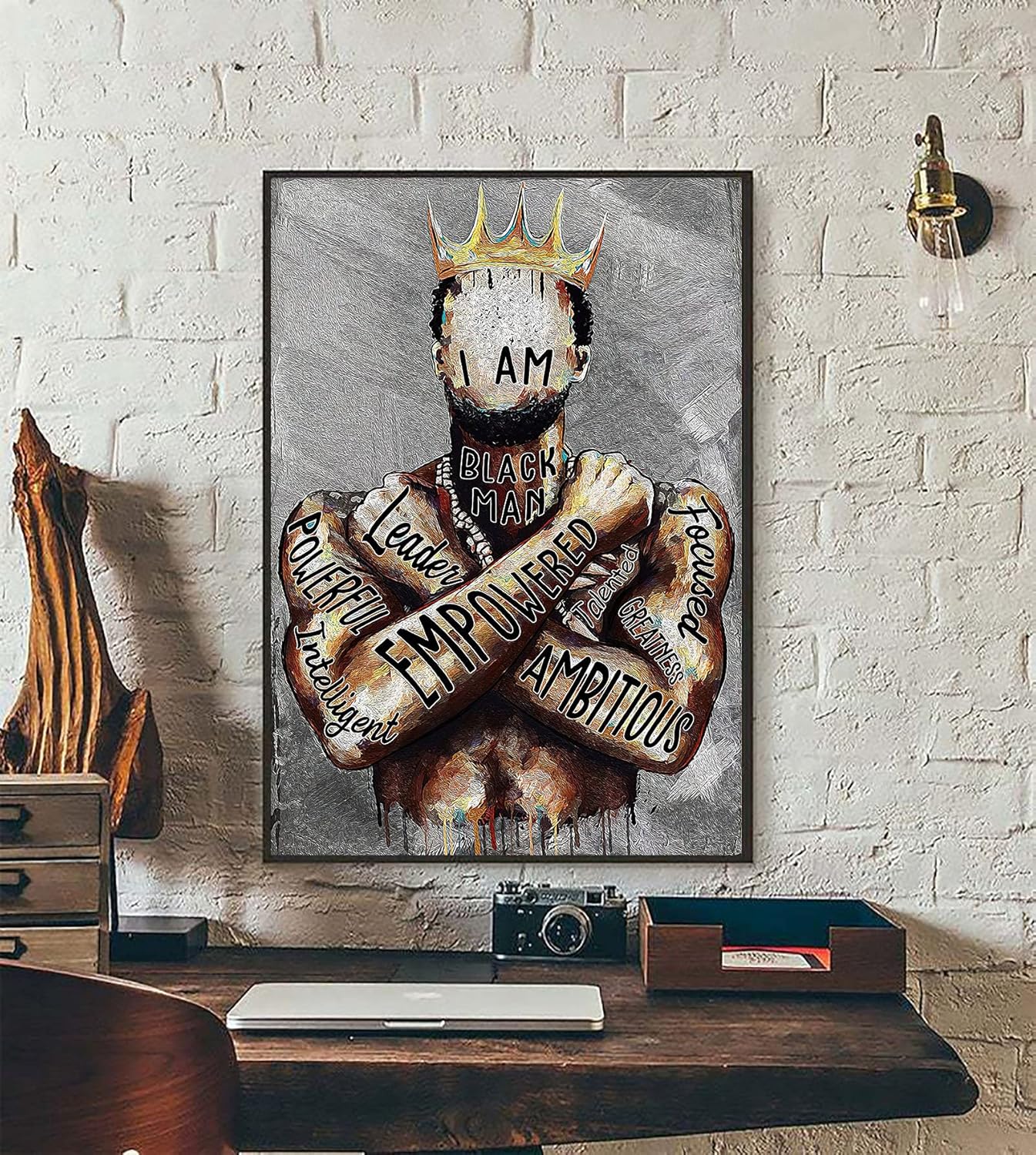 Arte de pared de hombre negro, póster de hombre afroamericano con texto en inglés “I Am Empowered King”, frases motivacionales, retrato de hombre