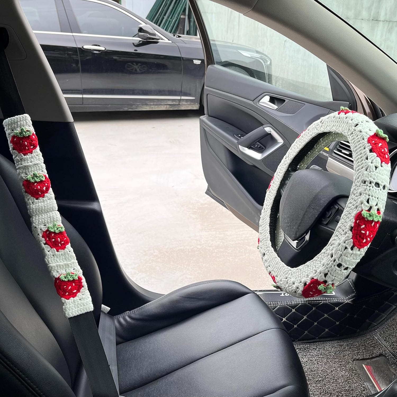 Juego de fundas de ganchillo para volante de automóvil, diseño bohemio de 14 a 15 pulgadas, diseño cuadrado de fresa blanca, accesorios de automóvil