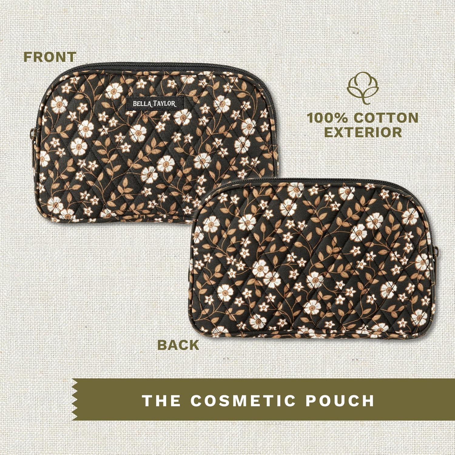 Bella Taylor Bolsa de maquillaje de algodón acolchada grande para mujeres, bolsa de cosméticos de viaje, Vintage Vine Midnight