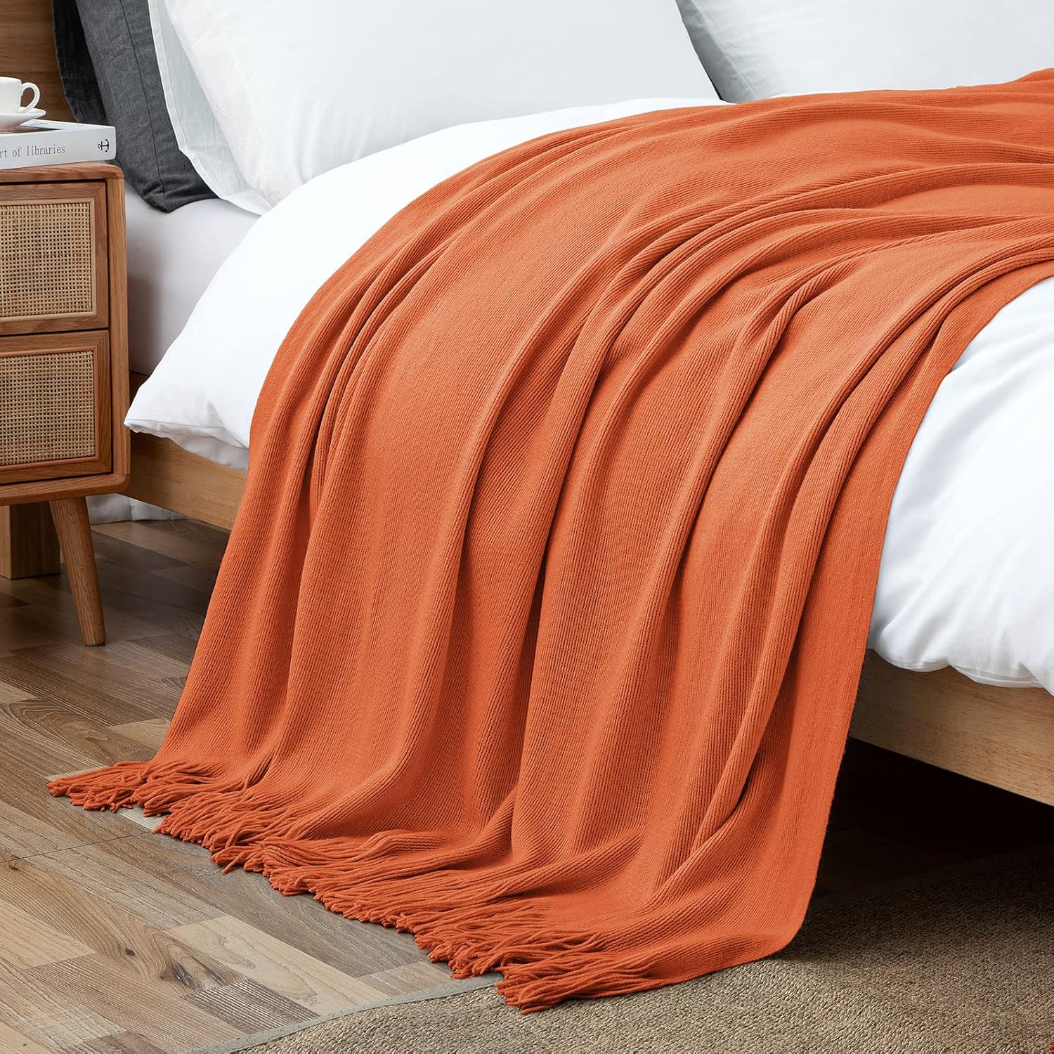 Vonty Manta de punto naranja óxido con borlas y flecos, 50 x 60 pulgadas, manta de punto súper suave, manta ligera decorativa de granja para sofá,