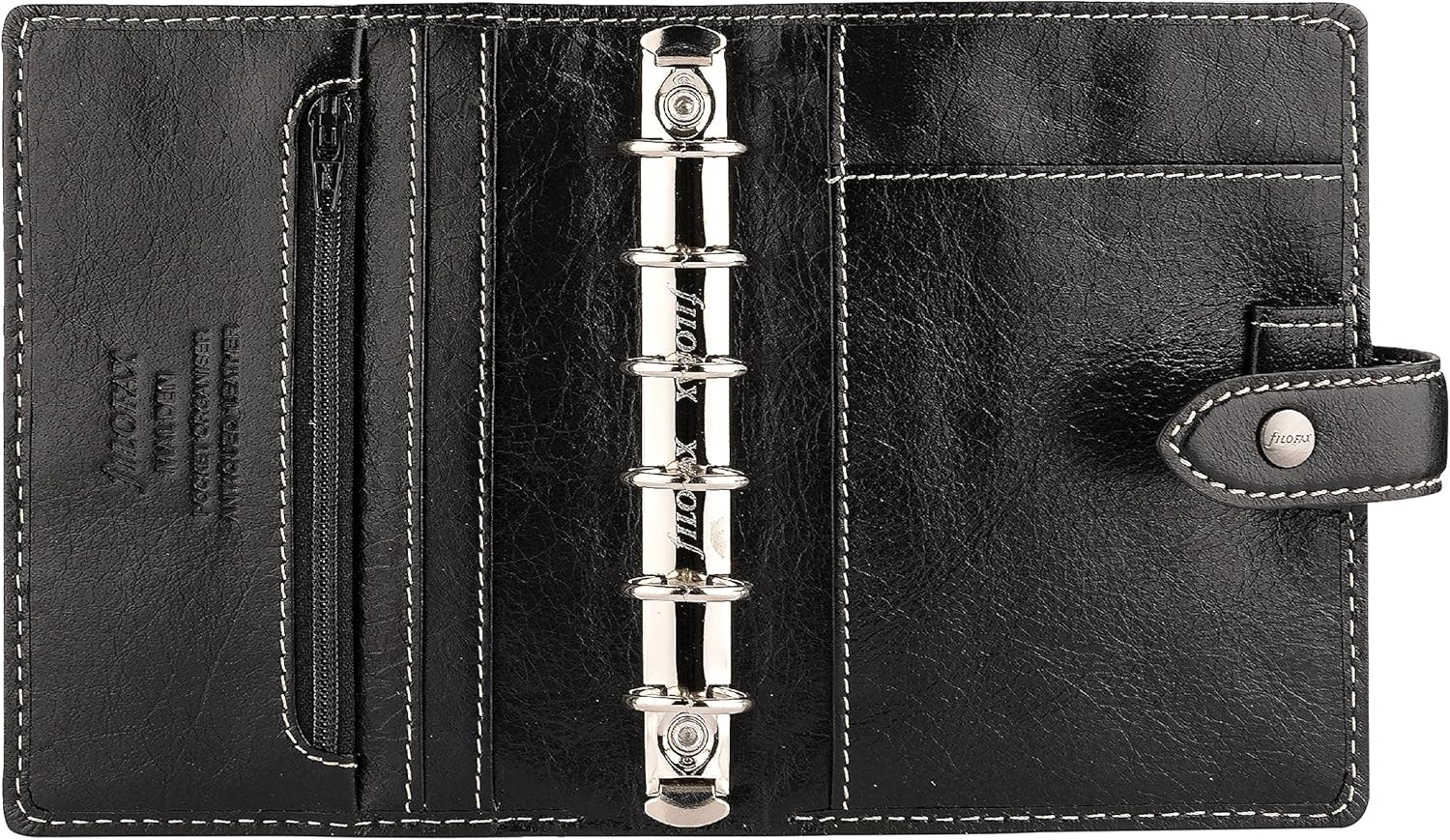 Filofax Malden – Organizador de bolsillo, color negro, táctil, cuero de búfalo de grano completo, seis anillos, con calendario semanal de algodón,