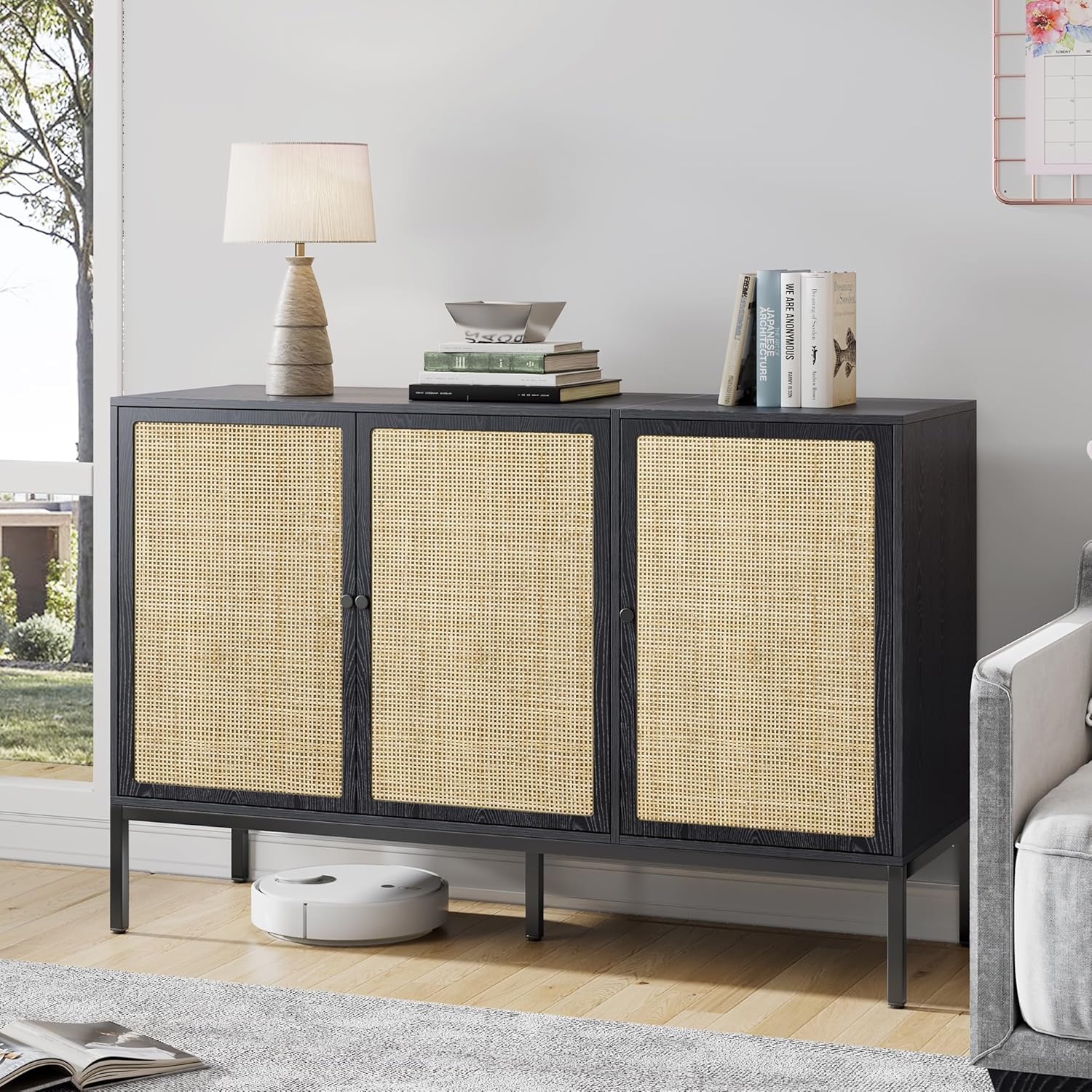 Brafab Mueble de ratán para almacenamiento, mesa de buffet, consola para sala de estar, entrada, cocina, comedor, 3 puertas, color negro