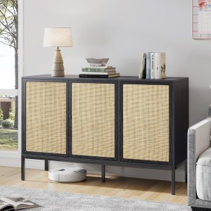 Brafab Mueble de ratán para almacenamiento, mesa de buffet, consola para sala de estar, entrada, cocina, comedor, 3 puertas, color negro Brafab Mueble de ratán para almacenamiento, mesa de buffet, consola para sala de estar, entrada, cocina, comedor, 3 puertas, color negro
