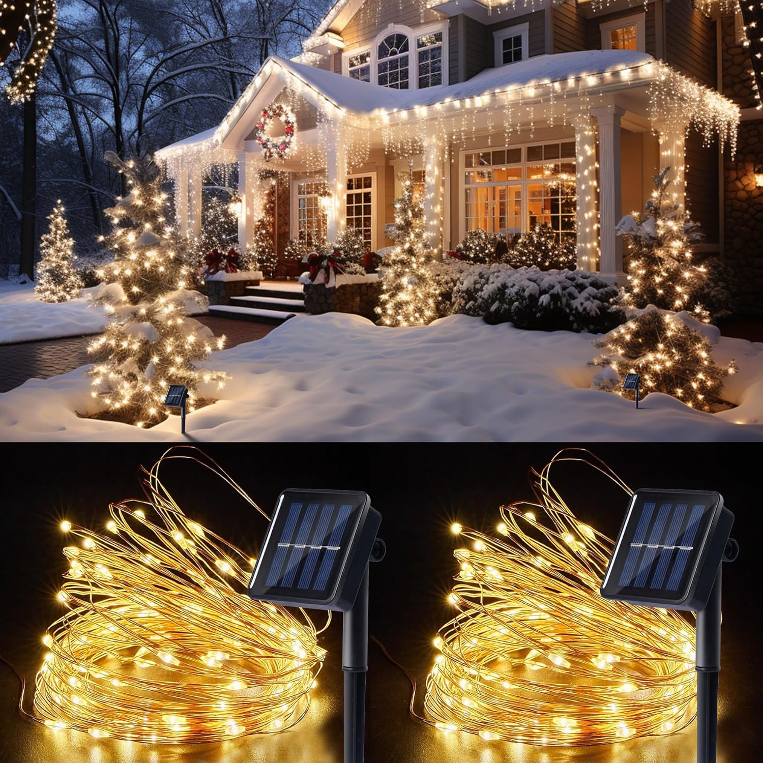 Paquete de 2 tiras de luces solares para decoración al aire libre con 8 modos en total de 80 pies, 200 luces LED impermeables de alambre de cobre,