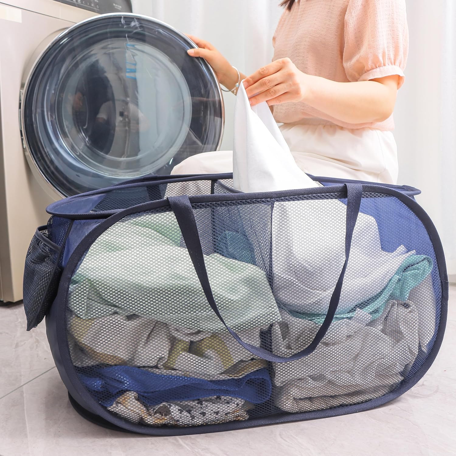 Cesta plegable de malla para lavandería, 2 compartimentos, cesta de lavandería con asas fuertes, fácil de abrir y plegar para dormitorio,