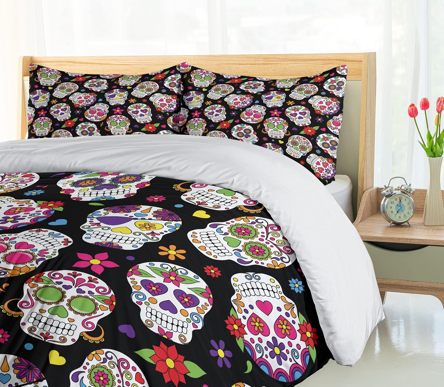 Ambesonne Juego de funda de edredón de calavera de azúcar, diseño de cementerio mexicano sobre fondo negro, juego de ropa de cama decorativo de 2