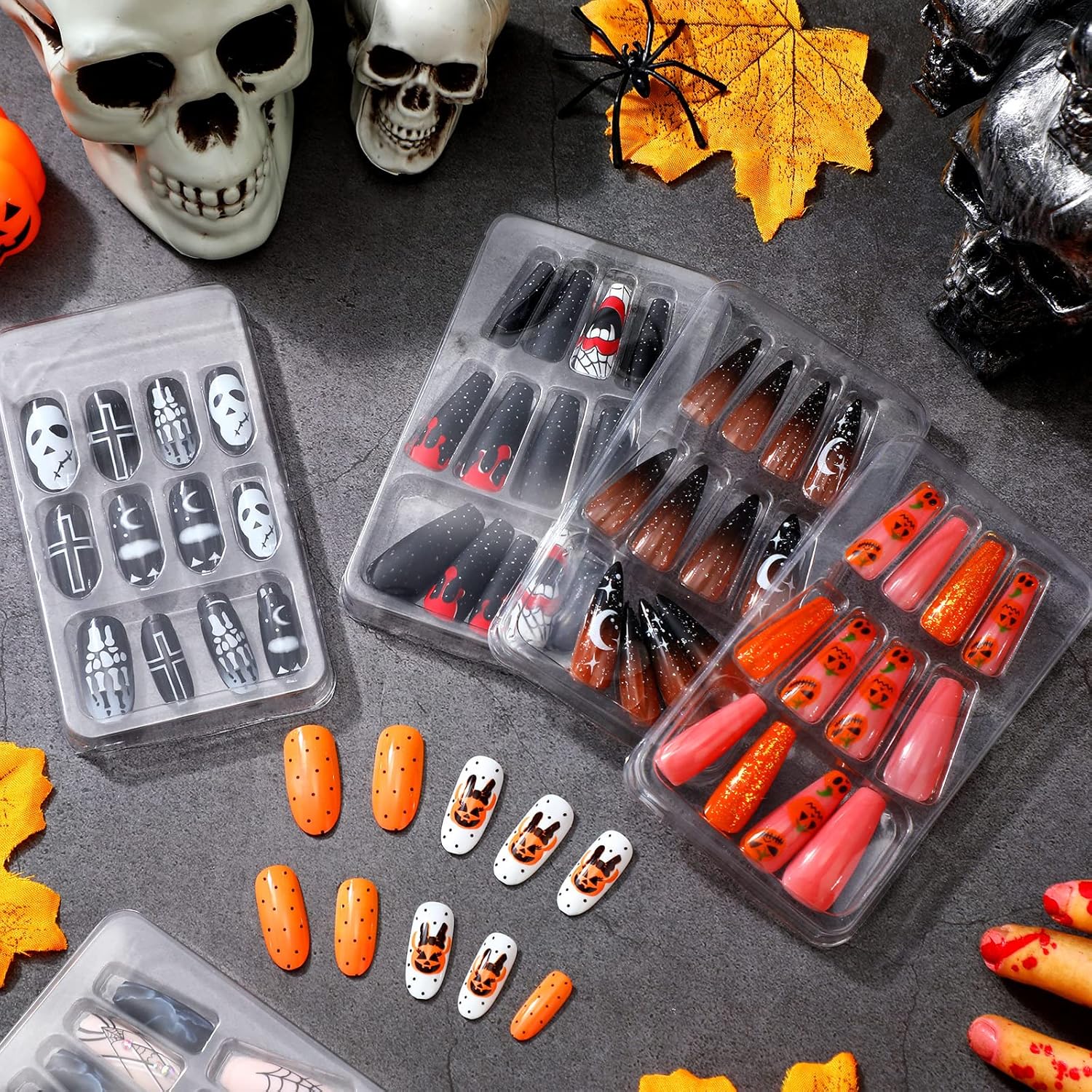 144 uñas postizas de Halloween, uñas postizas cortas a presión, uñas postizas de Halloween, pegamento con pestaña de pegamento de uñas, puntas de