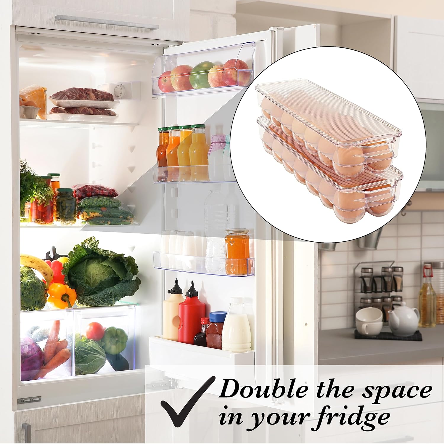 Kitchen Details, Almacenamiento para refrigerador, organizador de refrigerador, transparente con asas, caja de huevos, 1 paquete