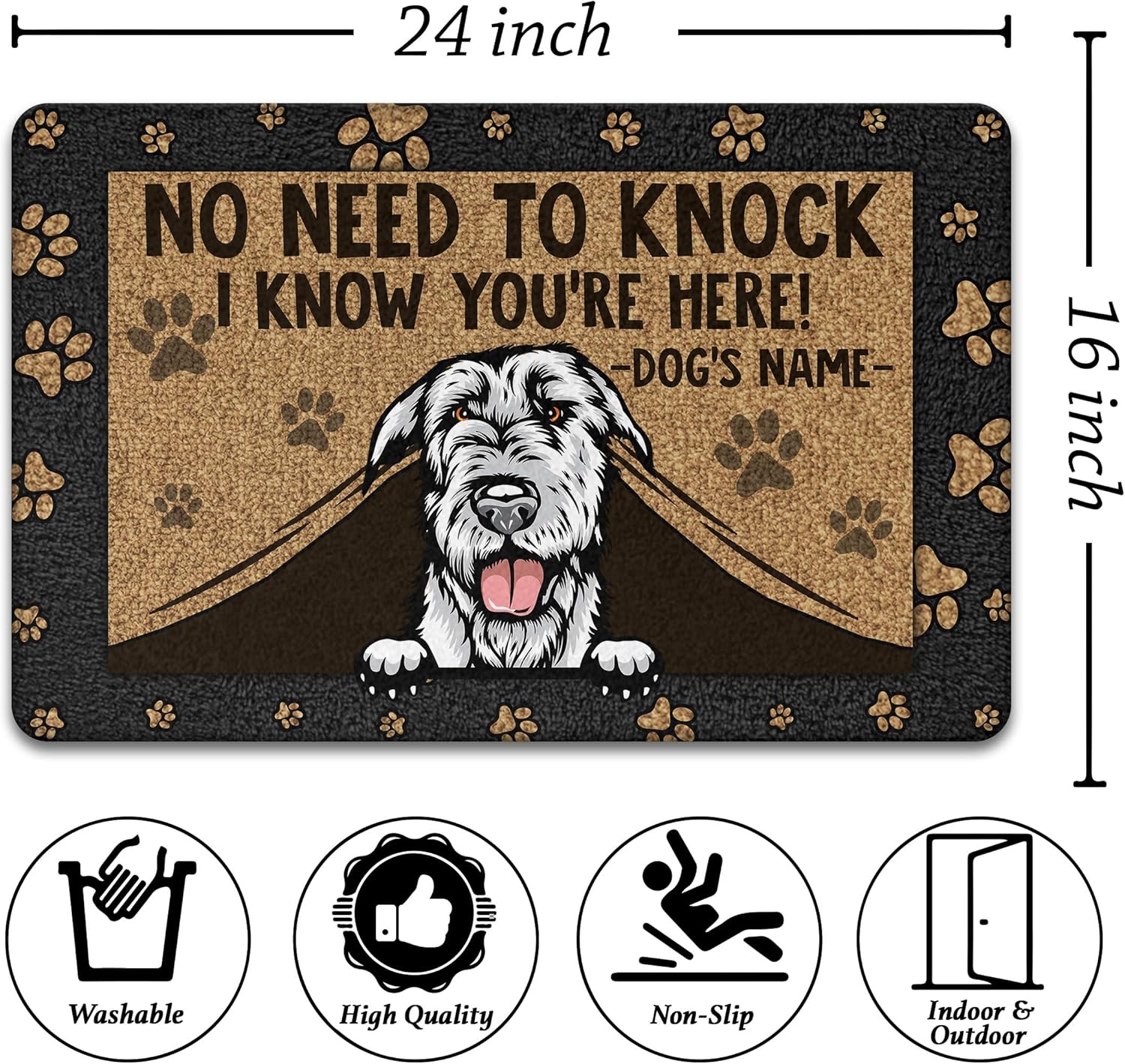 PREZZY Tapete de puerta personalizado con nombre de perro de lobo irlandés, tapete de bienvenida para interiores y exteriores, tapete antideslizante