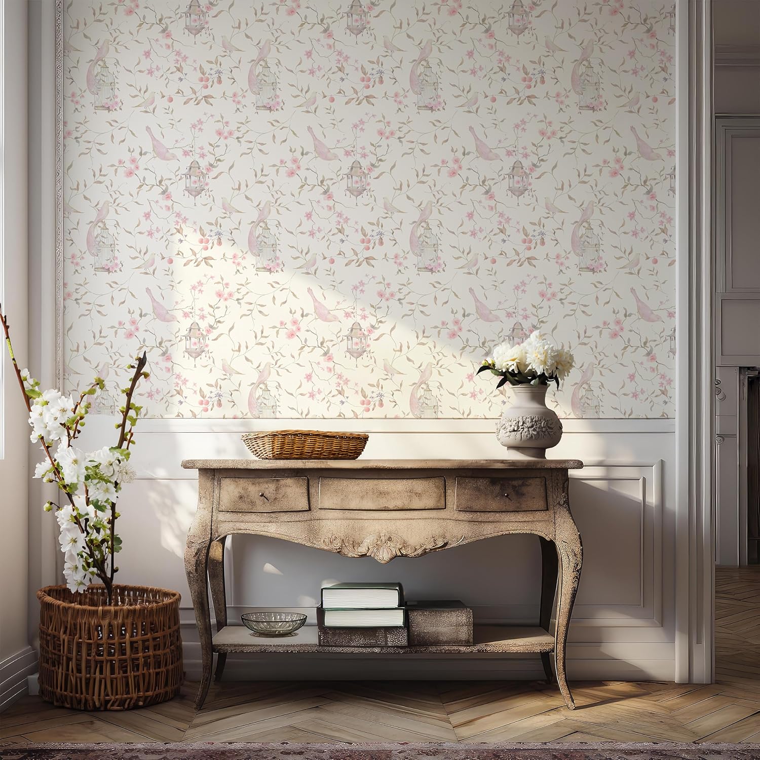 Papel tapiz chinoiserie con pájaro rosa y flores, papel tapiz francés para dormitorio, papel tapiz apto para inquilinos, despegar y pegar extraíble
