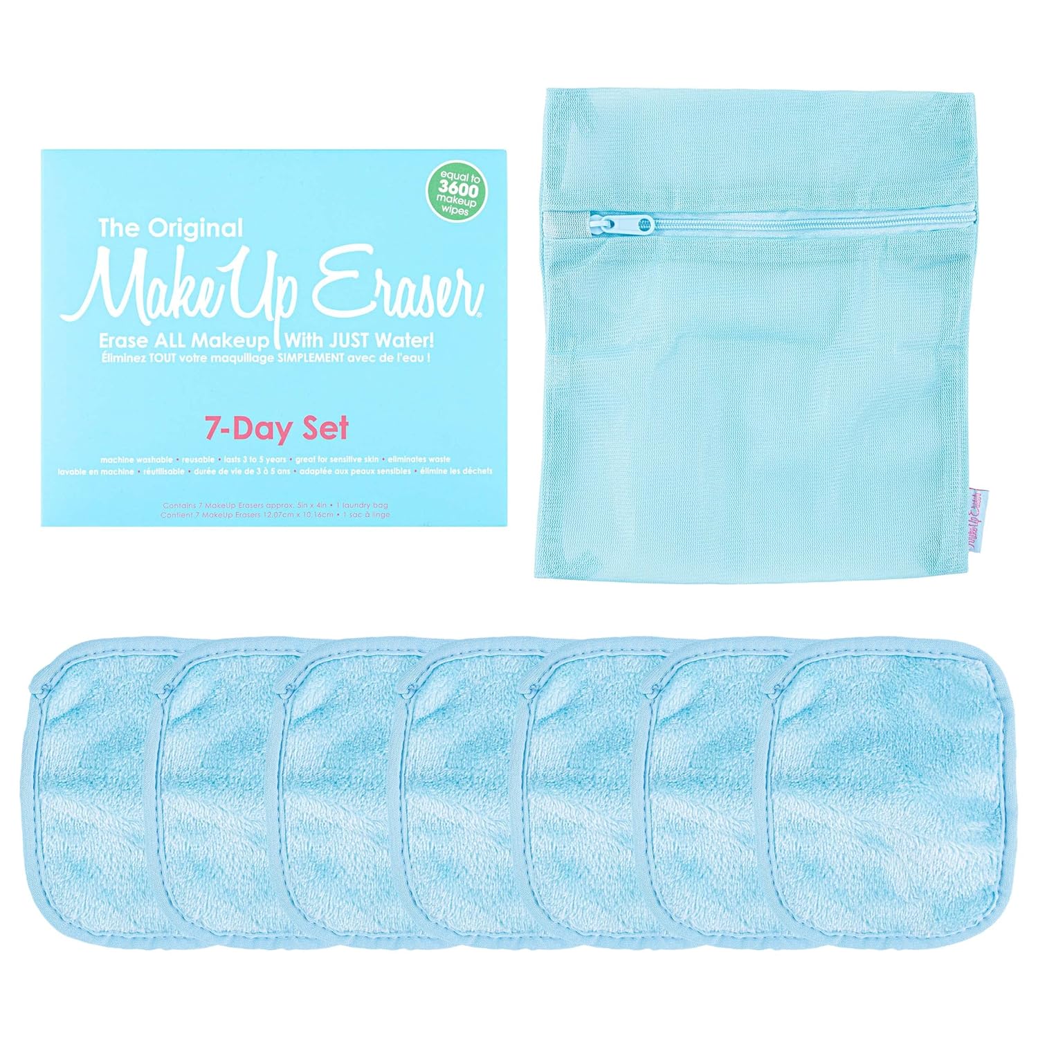 Makeup Eraser El juego original de 7 días, borra todo el maquillaje con solo agua, incluyendo rímel impermeable, delineador, base, lápiz labial,