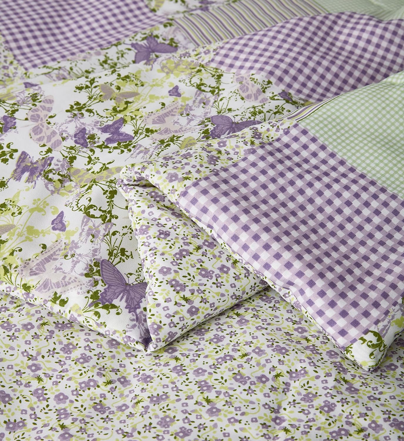 Chezmoi Collection Daisy – Juego de edredón de retazos estampado de 3 piezas, diseño a rayas de caramelo botánico de mariposa morada, a cuadros,