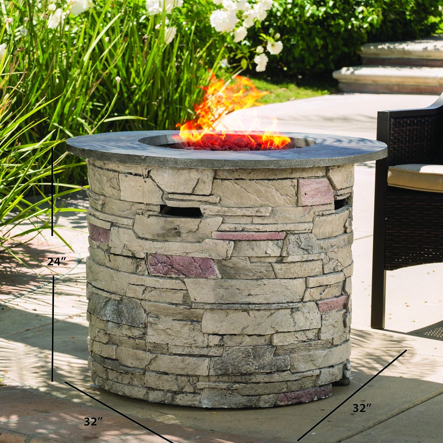 Christopher Knight Home Rogers – Foguera de propano redonda de 32 pulgadas superior – 40,000 BTU, redonda, gris