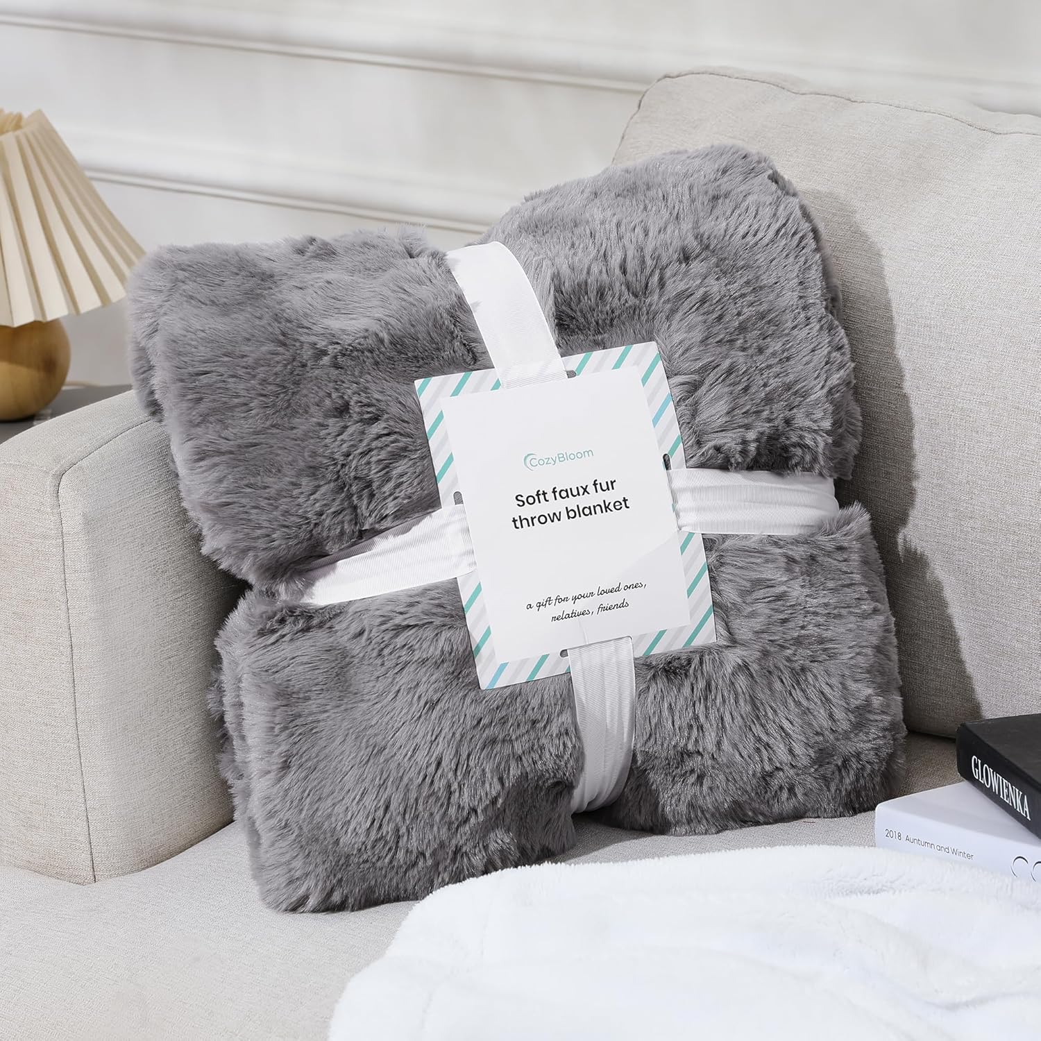 CozyBloom Manta de piel sintética suave de lujo para sofá, manta decorativa y acogedora de felpa larga y esponjosa, manta peluda de forro polar gris