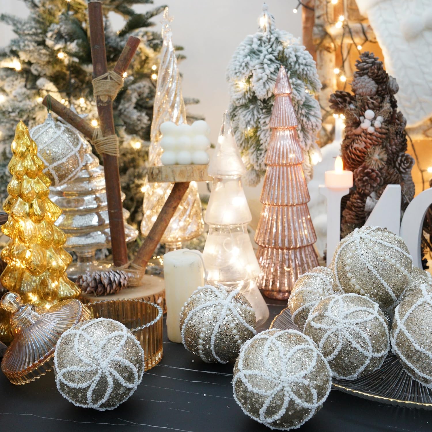 6 adornos de bola de Navidad con purpurina, bolas de Navidad inastillables, adornos de plástico champán de Navidad, bolas colgantes para decoración