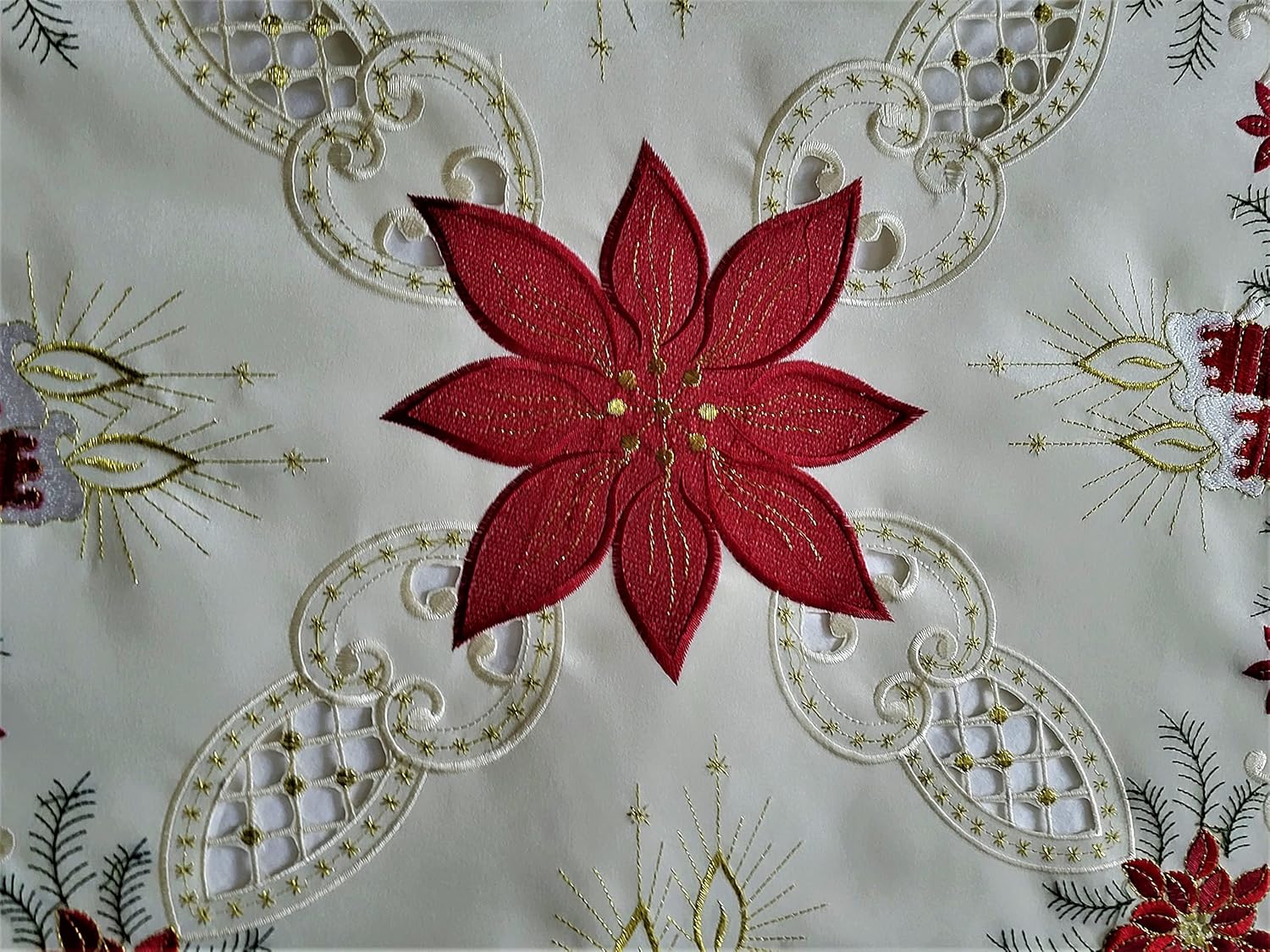 Mantel de Navidad o mantel bordado con estrellas con detalles rojos y dorados sobre tela blanca antigua, tamaño 36 pulgadas