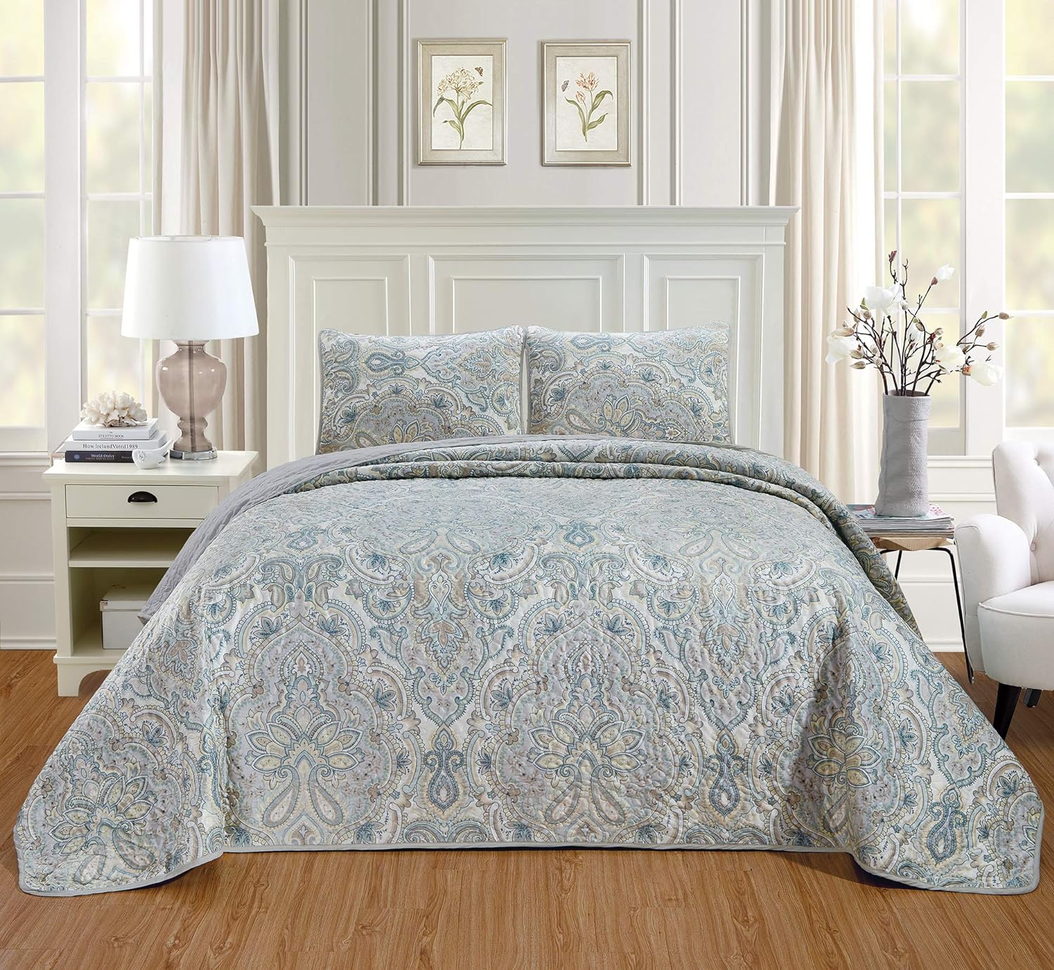 Juego de edredón Grand Linen de 3 piezas, con estampado fino, colcha reversible, colcha de matrimonioqueen, king y california king