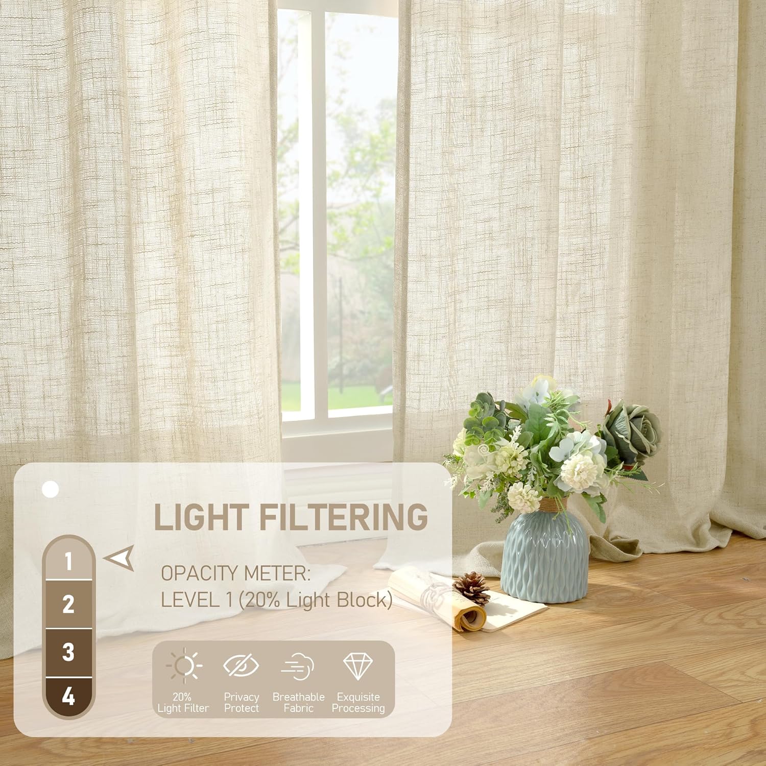LAMIT Cortinas de lino sintético de 63 pulgadas de largo para dormitorio, con pestaña trasera y bolsillo para barra, cortinas de lino transparentes