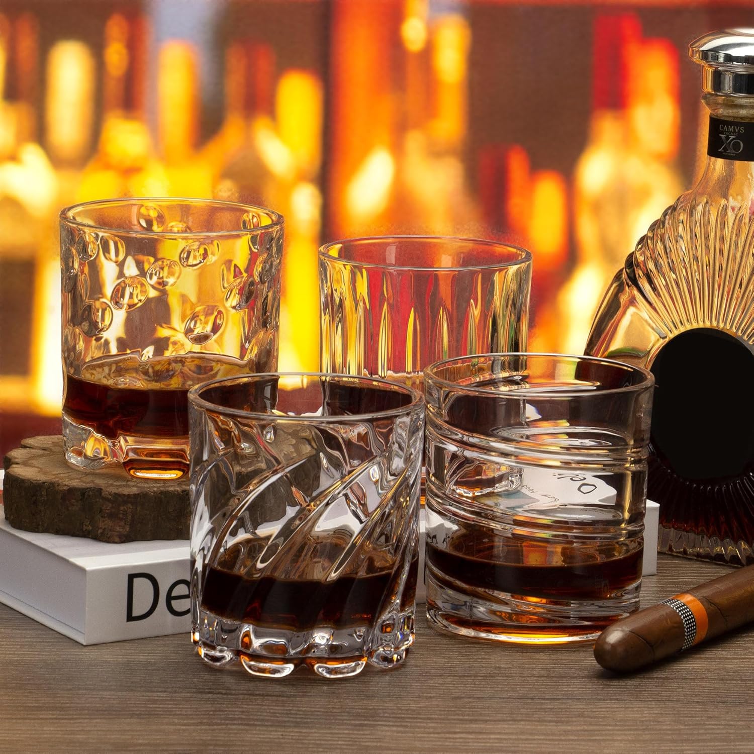 Whiskey Glasses, Spinning Bourbon Glass Set 4, Rocks Scotch Whisky Cognac Rum Cocktail Tasting Old Fashioned Glass, Personalized Men Ideas Unique