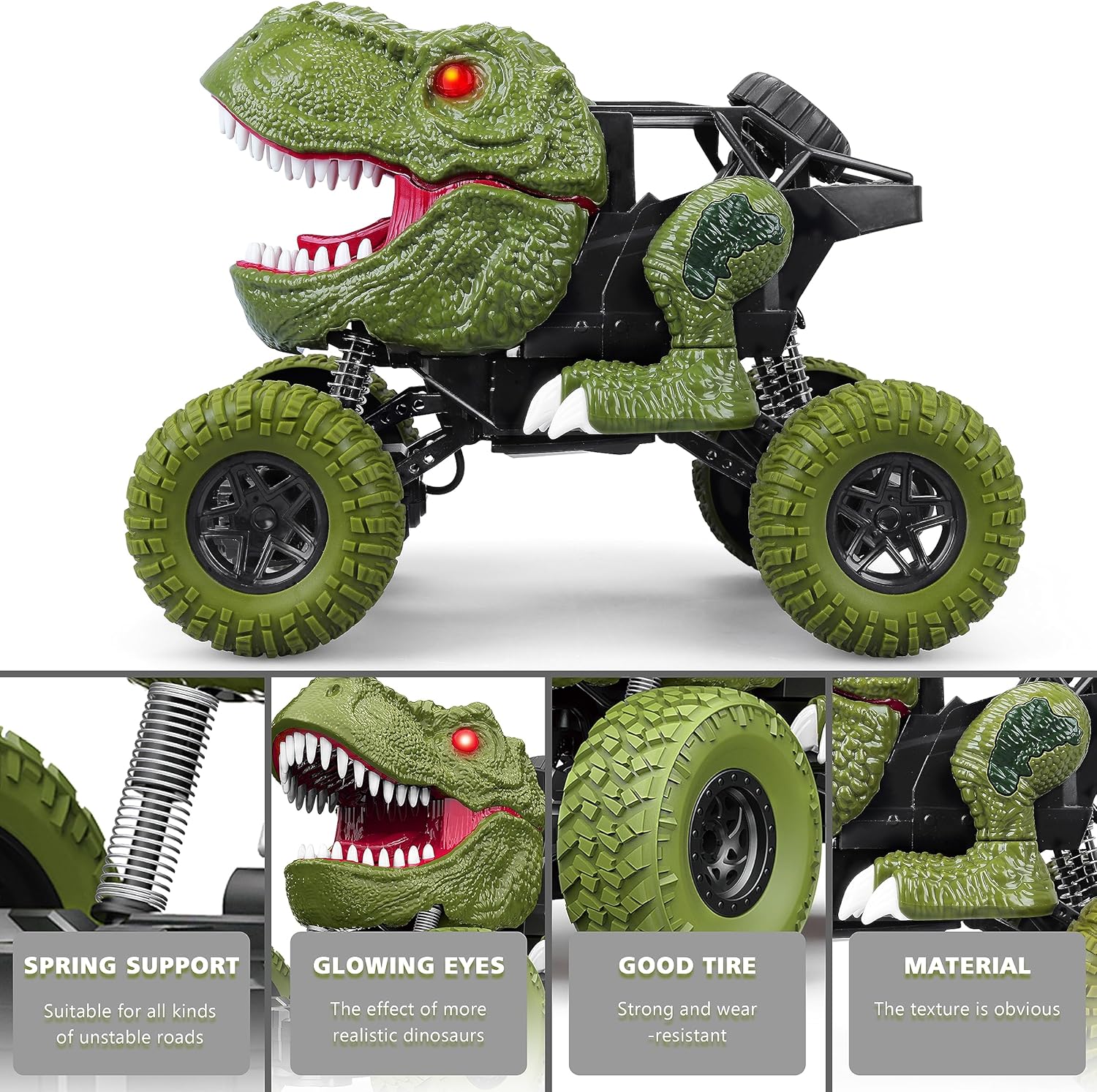 Auto de dinosaurio a control remoto para niños y niños, camión de dinosaurio de control remoto todo terreno de 2.4Ghz con luz, recargable 4WD
