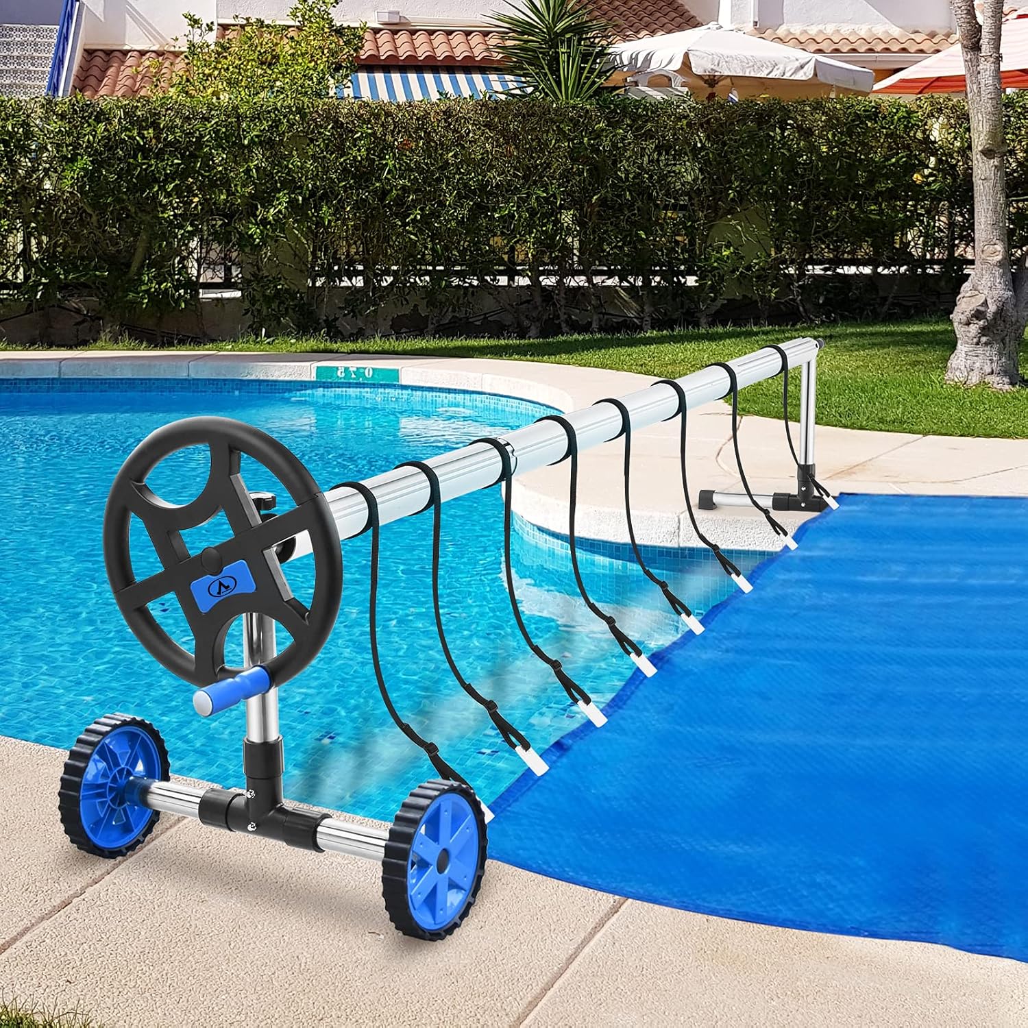 Juego de carrete de cubierta solar para piscina de 18 pies, rodillo, manta solar, mesa giratoria de moda, azul