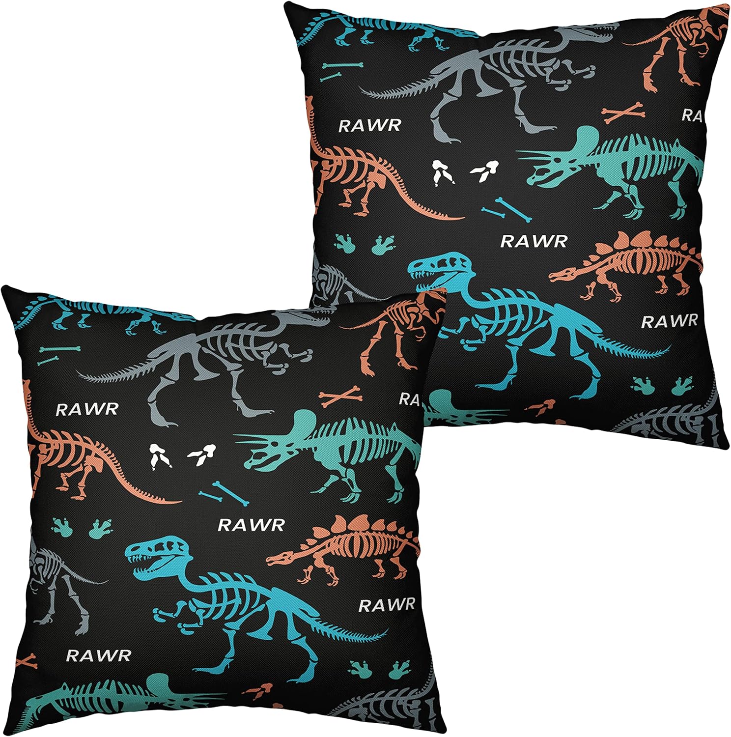 Juego de 2 fundas de almohada de calavera de dinosaurio azul de 16 x 16 pulgadas, fundas de almohada cuadradas de lino abstracto con huesos de