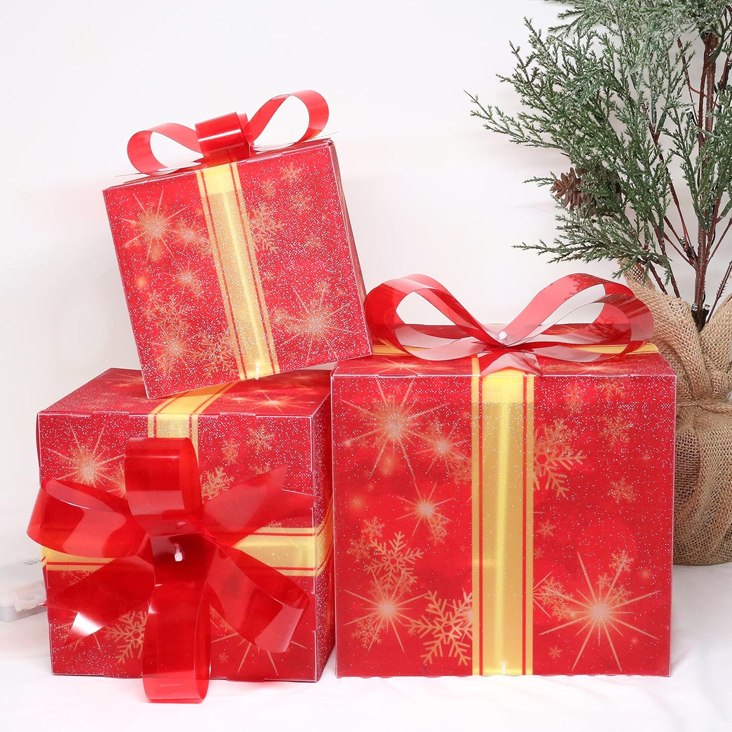 Cajas iluminadas de Navidad, juego de 3 cajas de regalo iluminadas con temporizador de 60 luces LED, funciona con pilas, decoraciones navideñas para