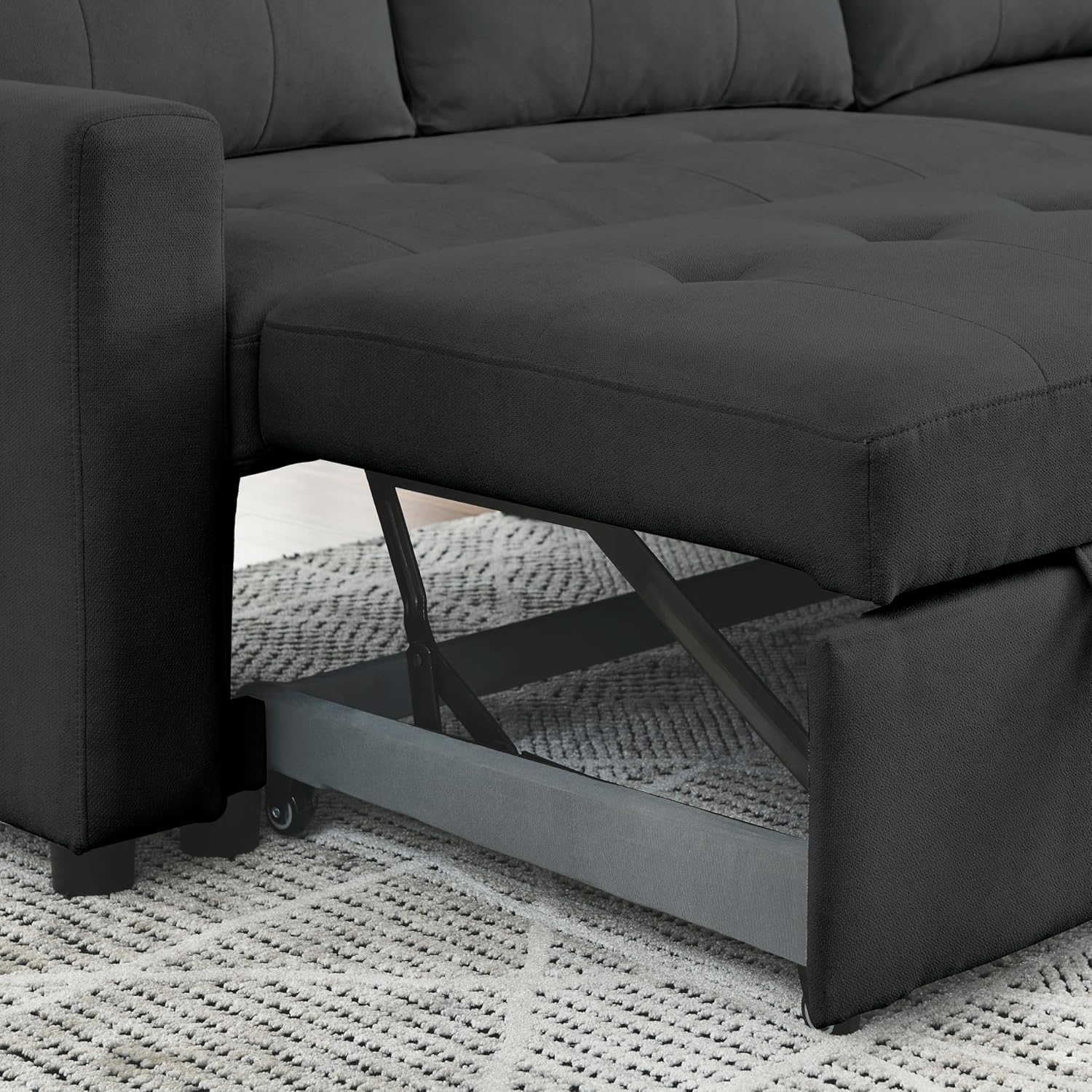 Ucloveria Sofá cama modular reversible para sala de estar en forma de L, sofá futón 2 en 1 con bolsa de almacenamiento lateral, negro, negro, 78.5