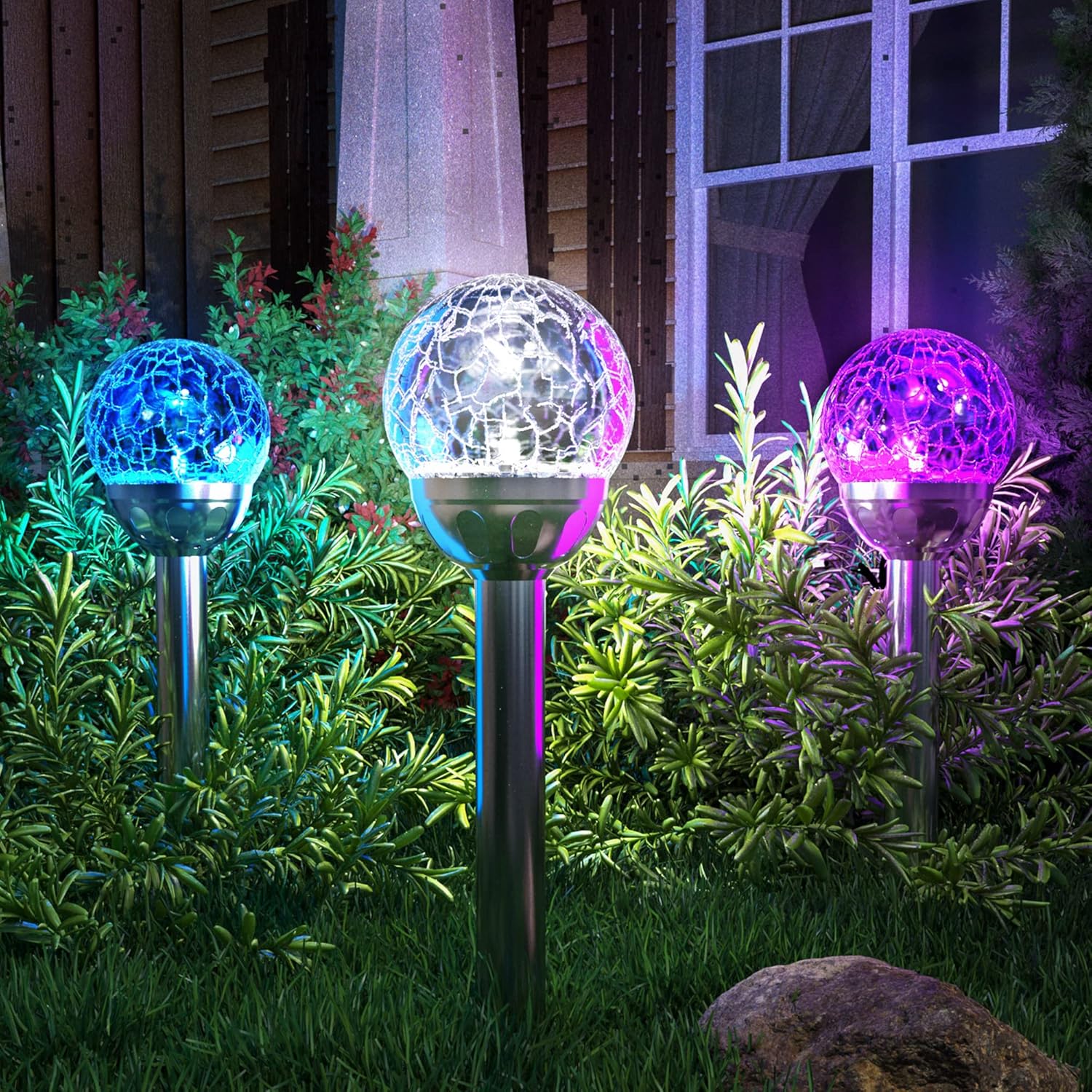 GIGALUMI Luces solares para exteriores, bola de vidrio agrietado, luces solares de jardín, luces que cambian de color al aire libre, luces LED de