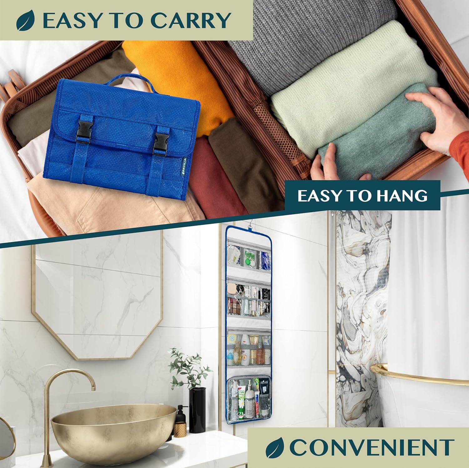 PAVILIA Neceser colgante de viaje para mujeres y hombres, kit de bolsa de maquillaje de gran capacidad, estuche organizador de almacenamiento de