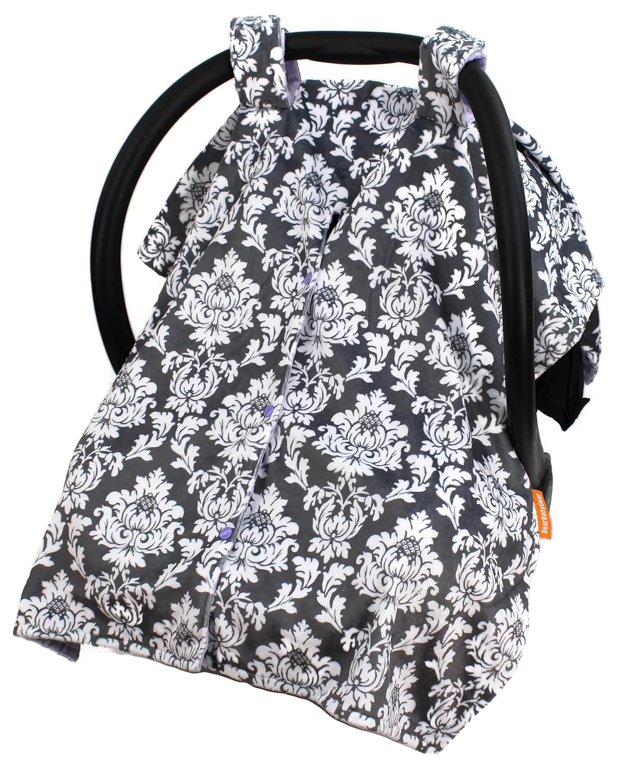 Dear Baby Gear Toldo de asiento de coche de lujo, impresión personalizada Minky gris y blanco, lavanda Minky Dot