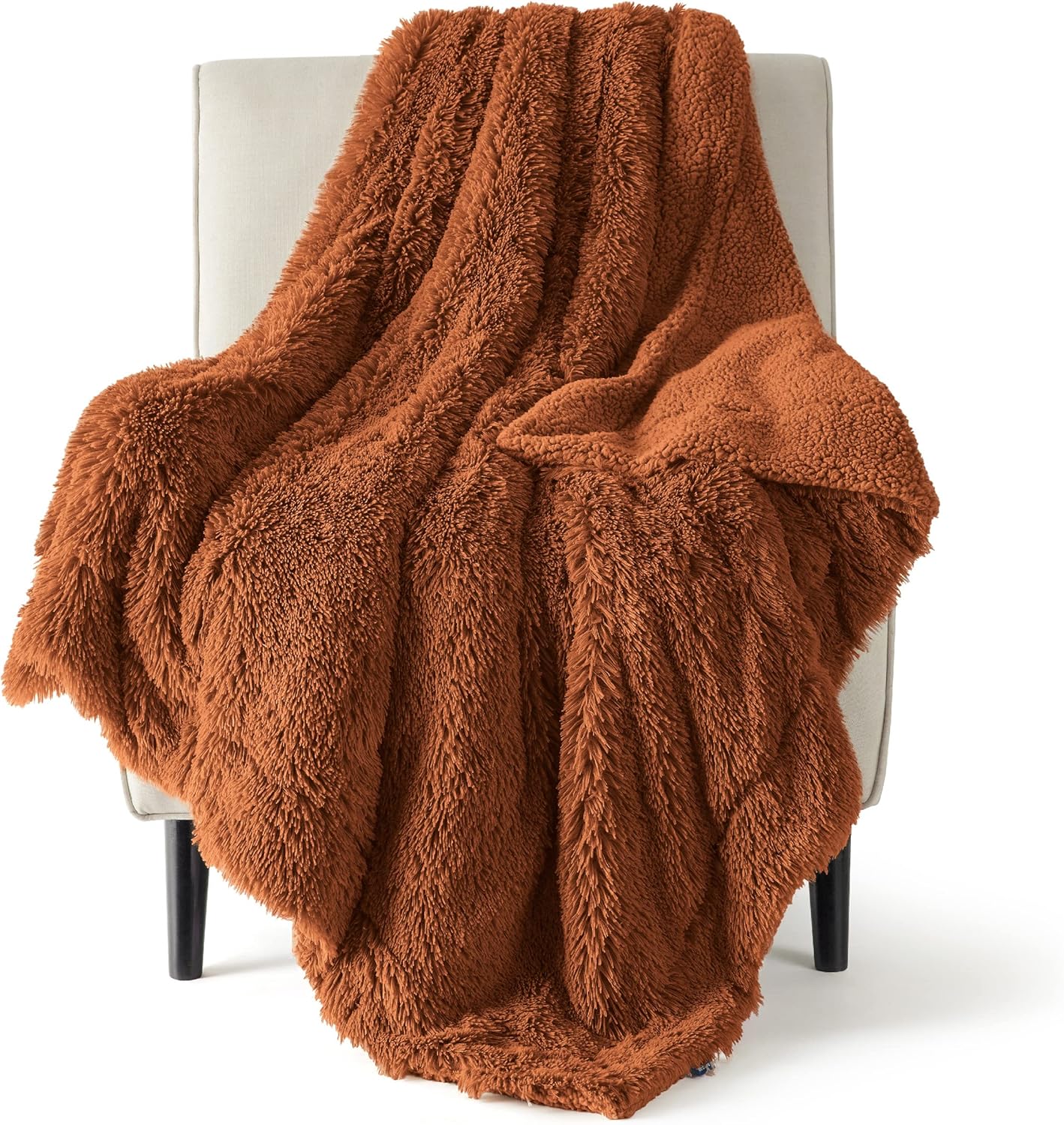 Bedsure – Manta de piel sintética color naranja quemado, mullida, esponjosa y lanuda de piel sintética, sherpa suave y gruesa, de teñido anudado,