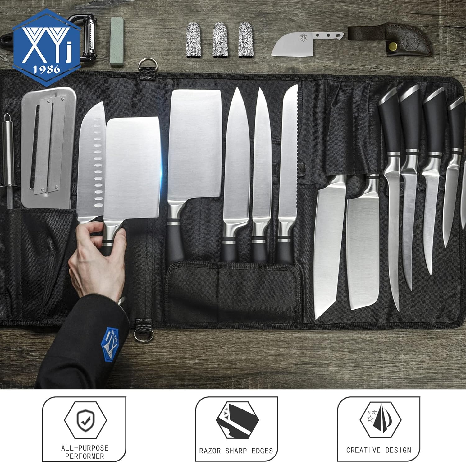 XYJ Cuchillo de cocina multiusos de acero inoxidable, cuchillos profesionales de carnicero con funda de cuchillo de transporte, bueno para cortar